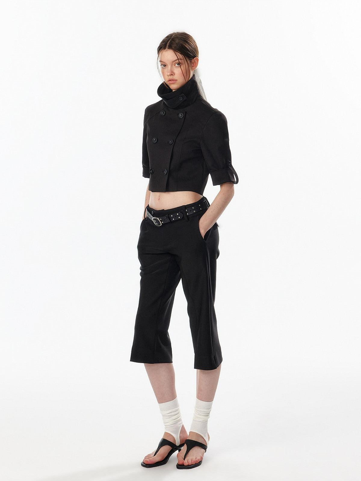 ALINNV Ivory Button Trim Low Waist Slim Straight Hem Slit Women&