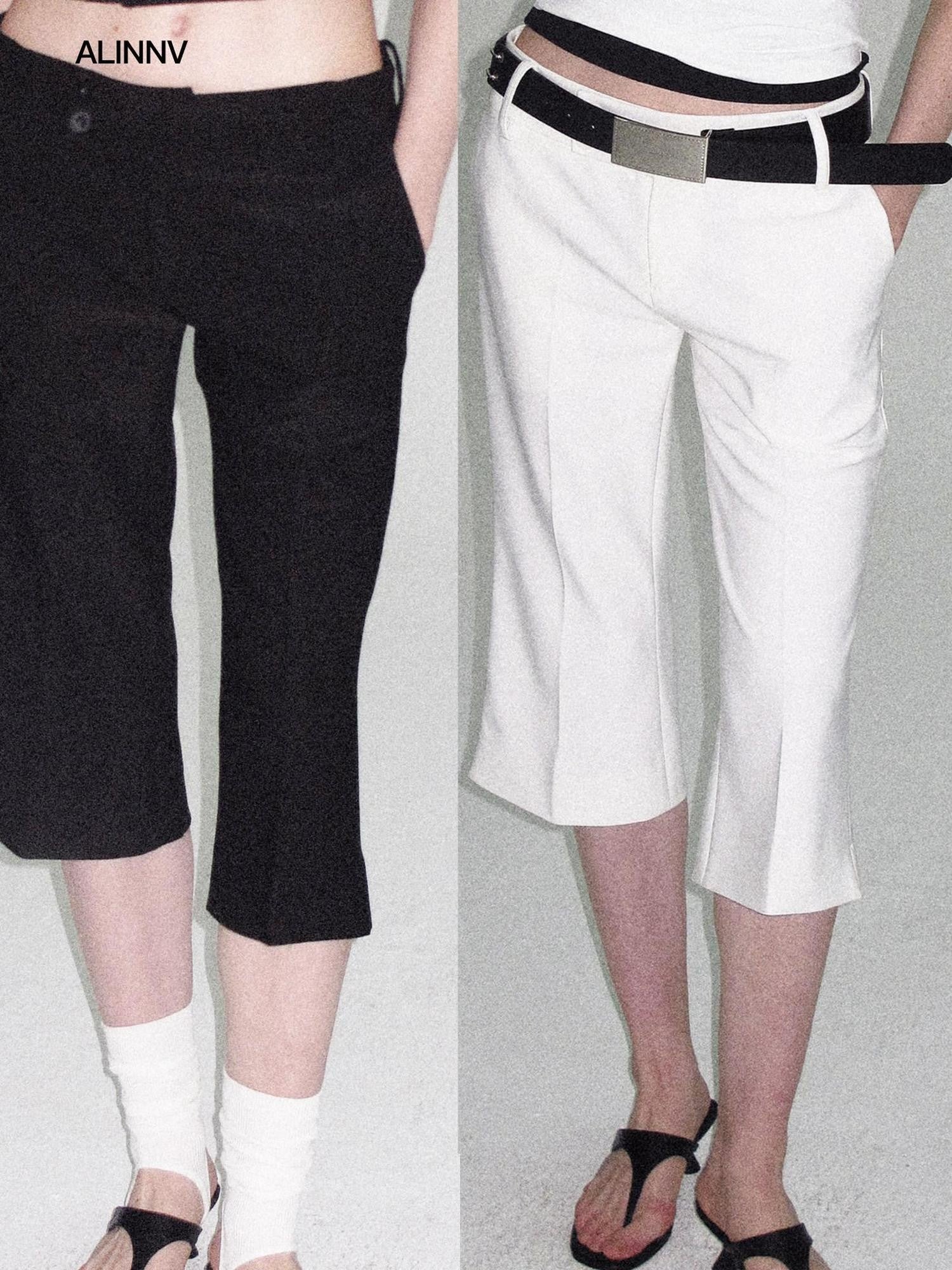ALINNV Ivory Button Trim Low Waist Slim Straight Hem Slit Women&