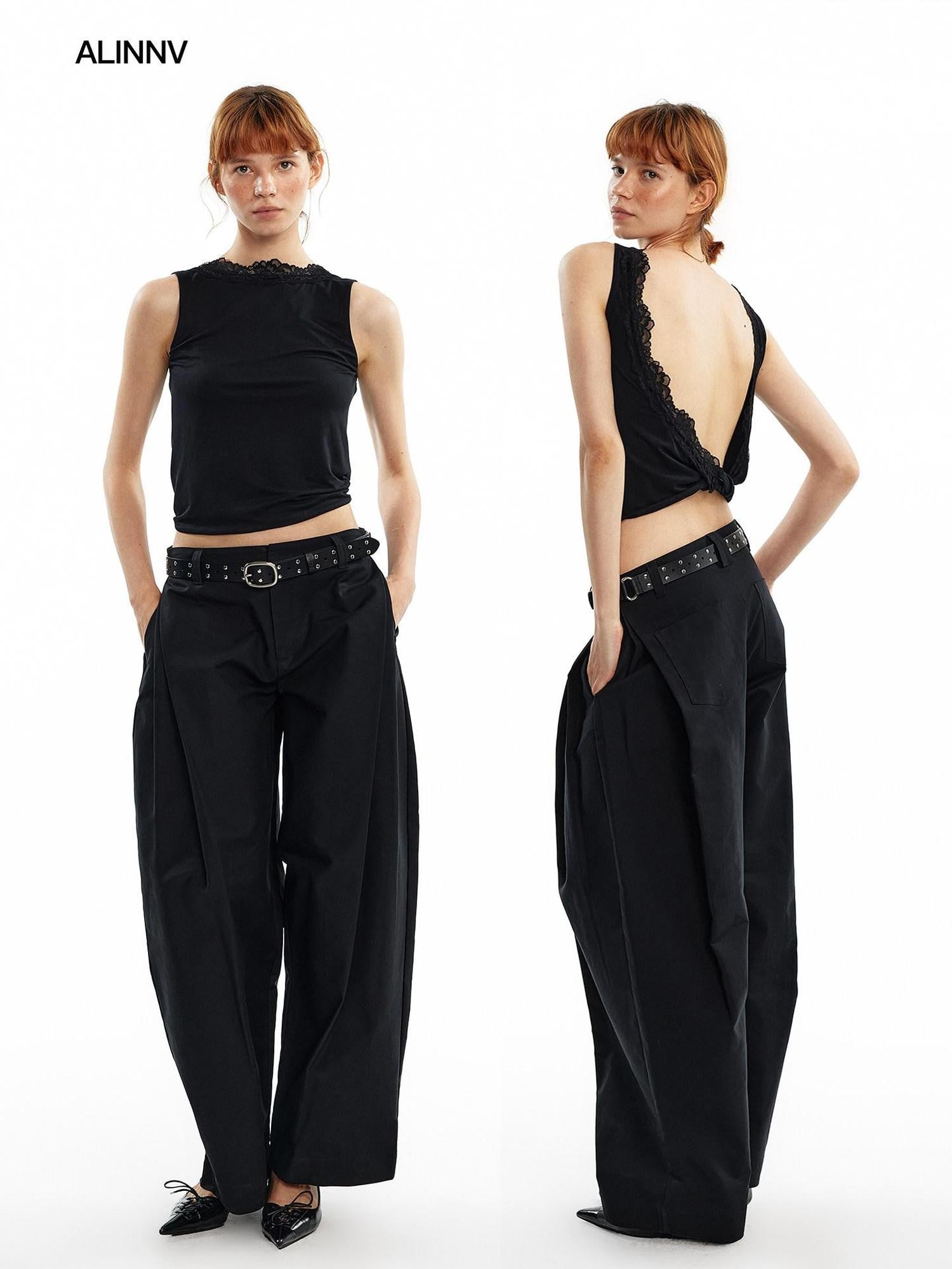 ALINNV Lace Knot Open Back H Line Button Short Women&