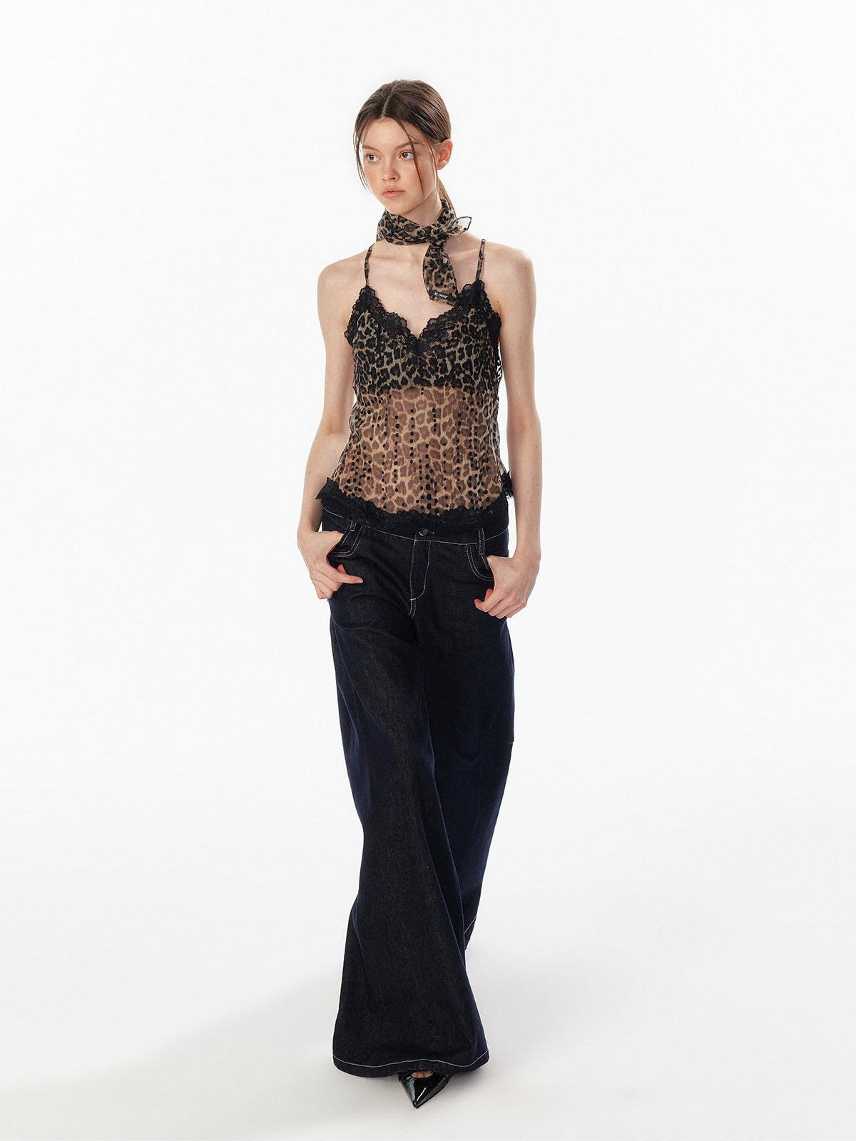 ALINNV Leopard Print Lace Panel Backless V-neck Slim Fit Women&