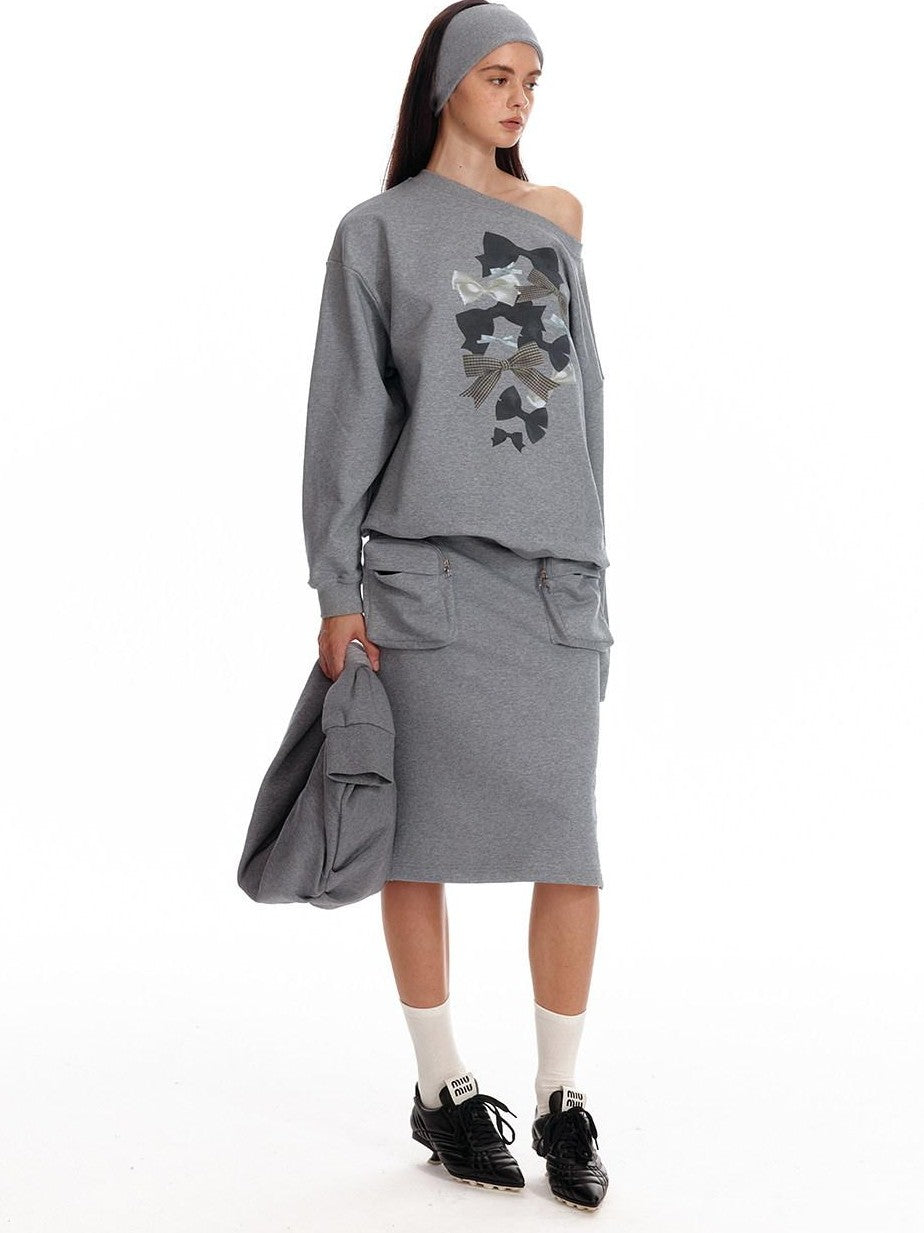 ALINNV Loose Asymmetric Off Shoulder Bow Print Women&