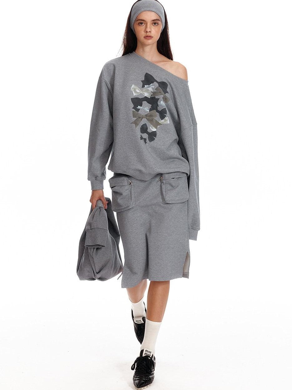 ALINNV Loose Asymmetric Off Shoulder Bow Print Women&