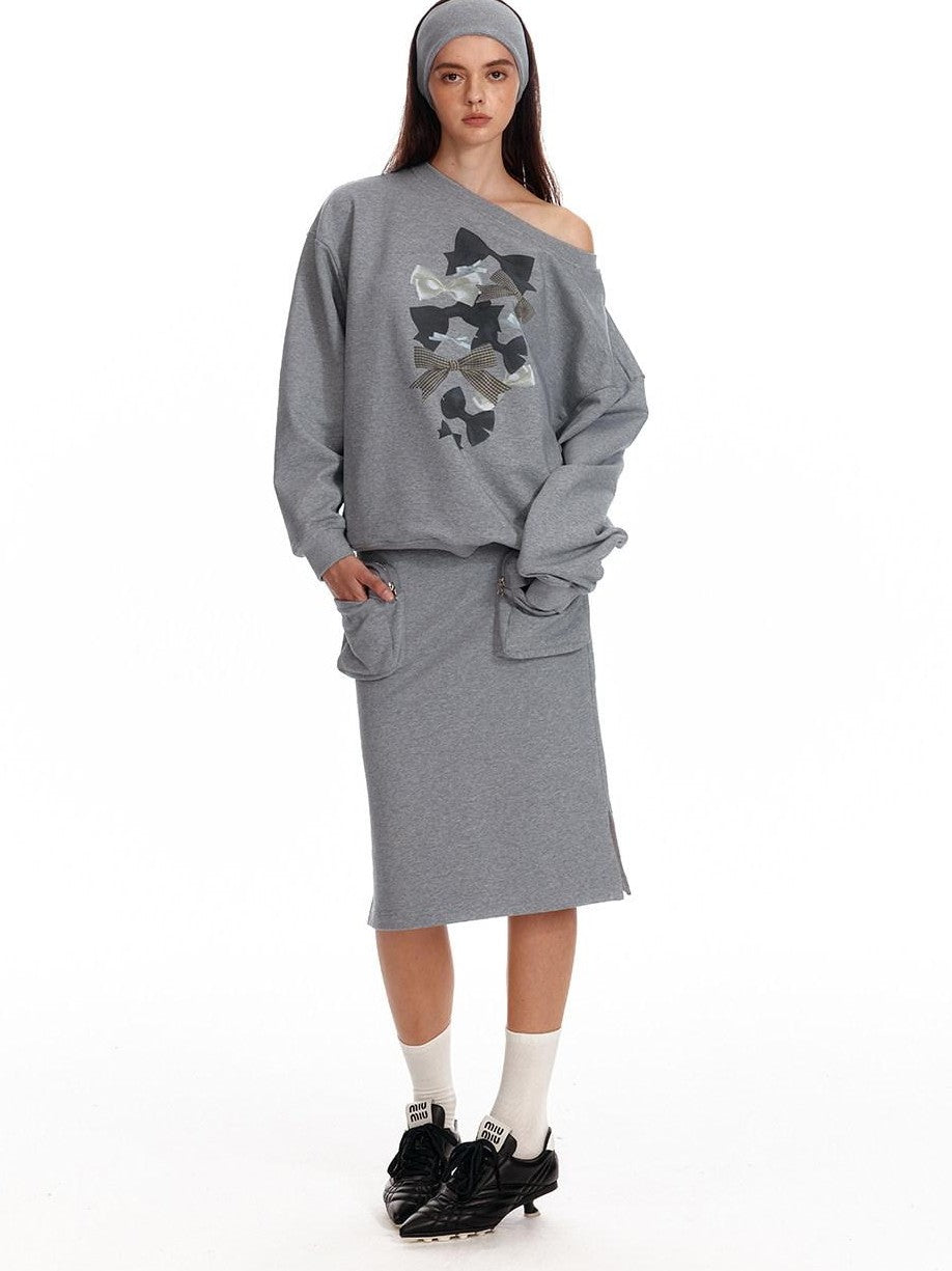 ALINNV Loose Asymmetric Off Shoulder Bow Print Women&