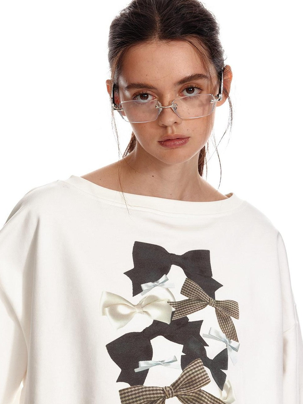 ALINNV Loose Asymmetric Off Shoulder Bow Print Women&