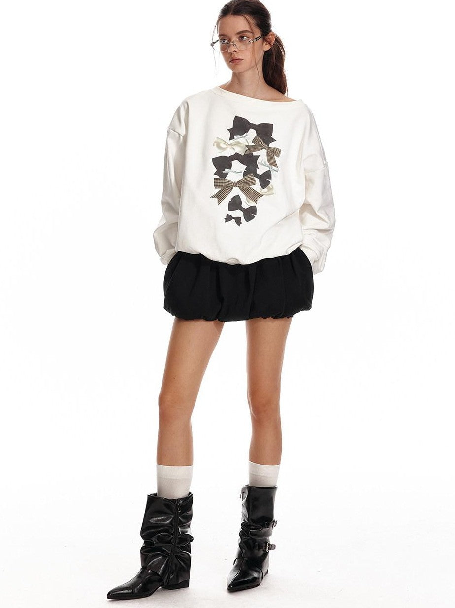 ALINNV Loose Asymmetric Off Shoulder Bow Print Women&