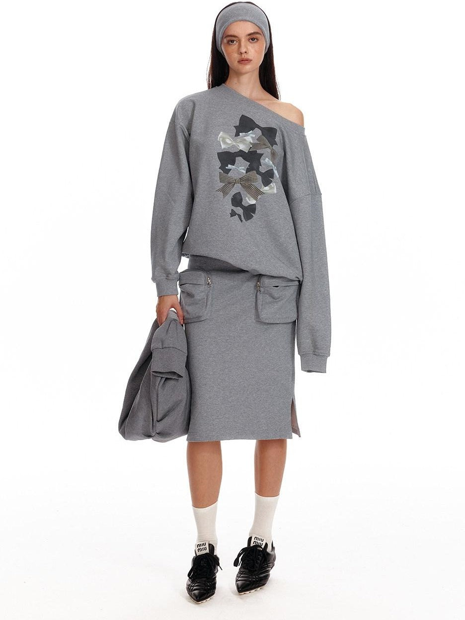 ALINNV Loose Asymmetric Off Shoulder Bow Print Women&