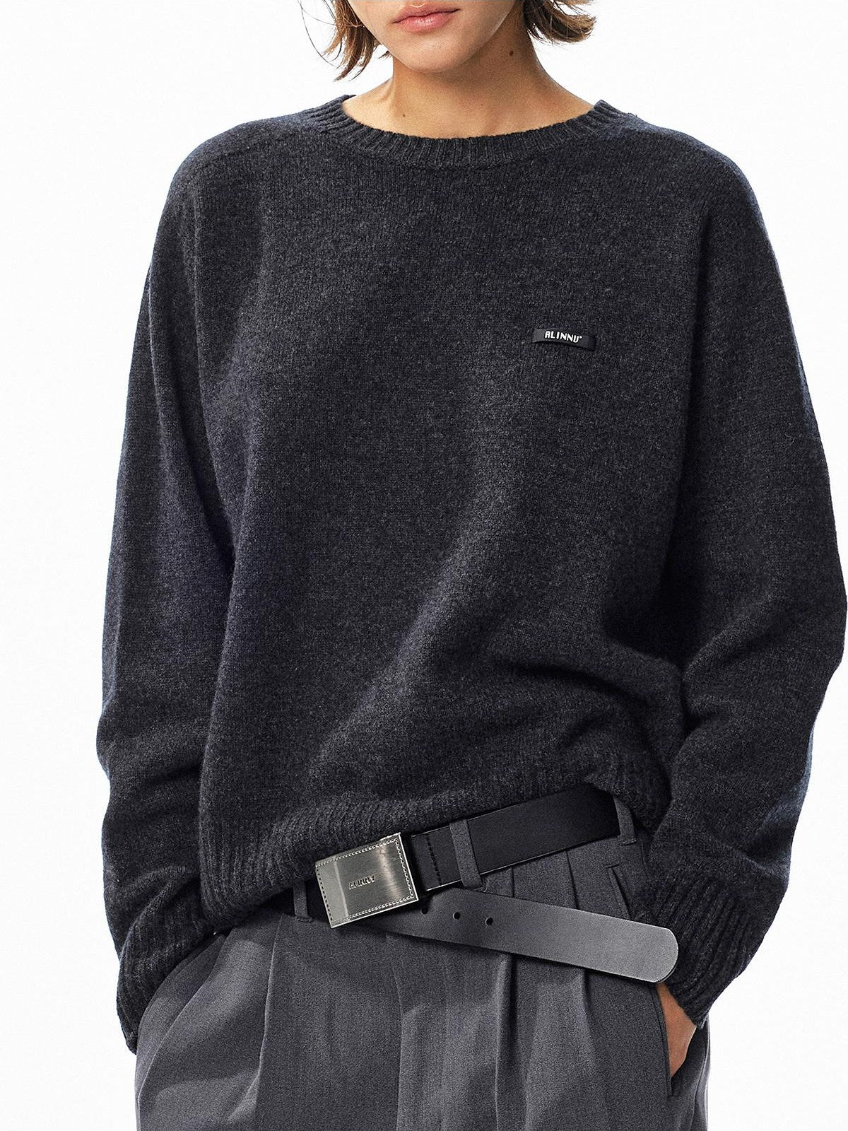 ALINNV Loose Fit Crew Neck Long Sleeve 100% Wool Women&