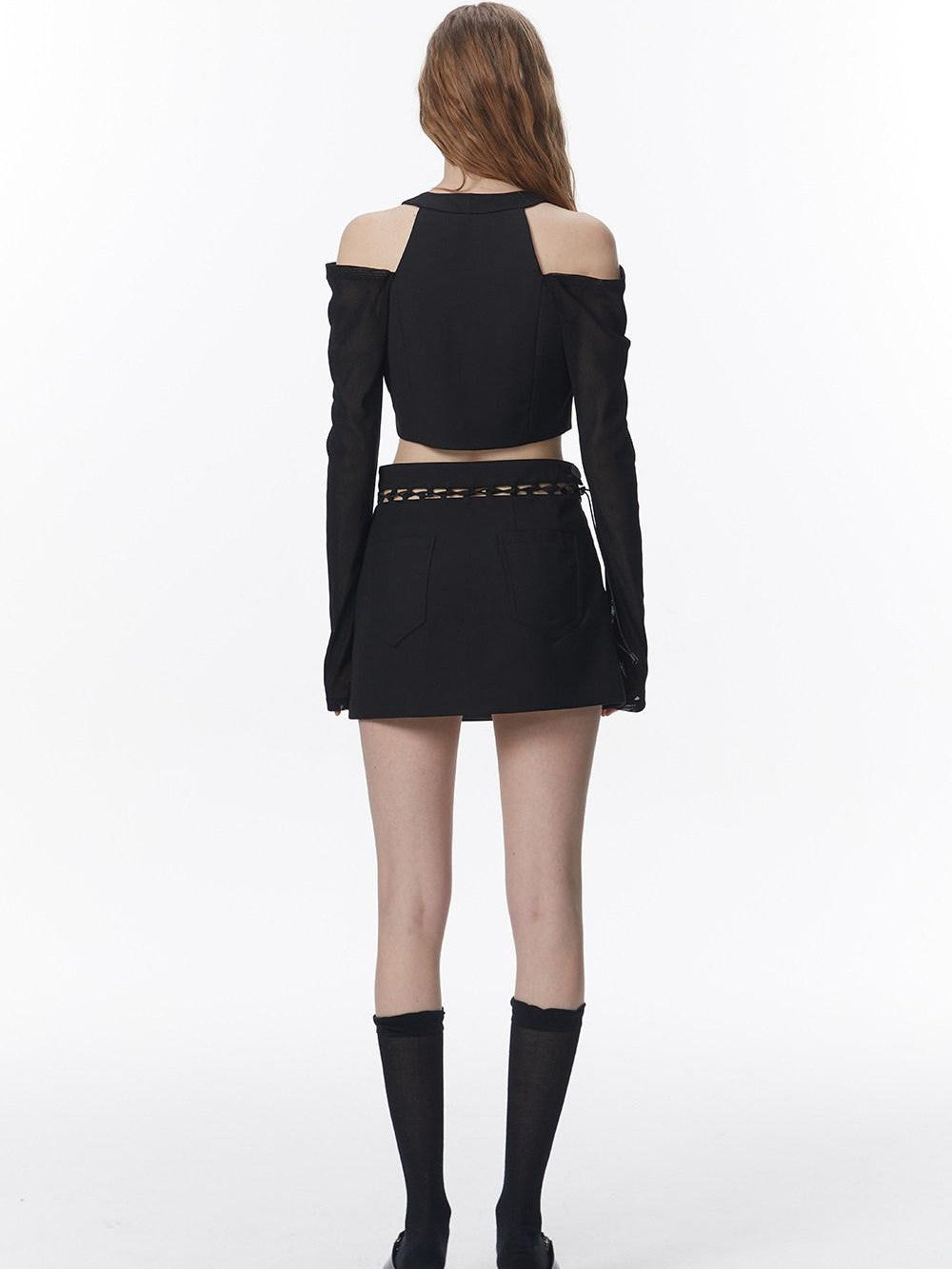 ALINNV Mesh Panel Halter Tie Cropped Women&