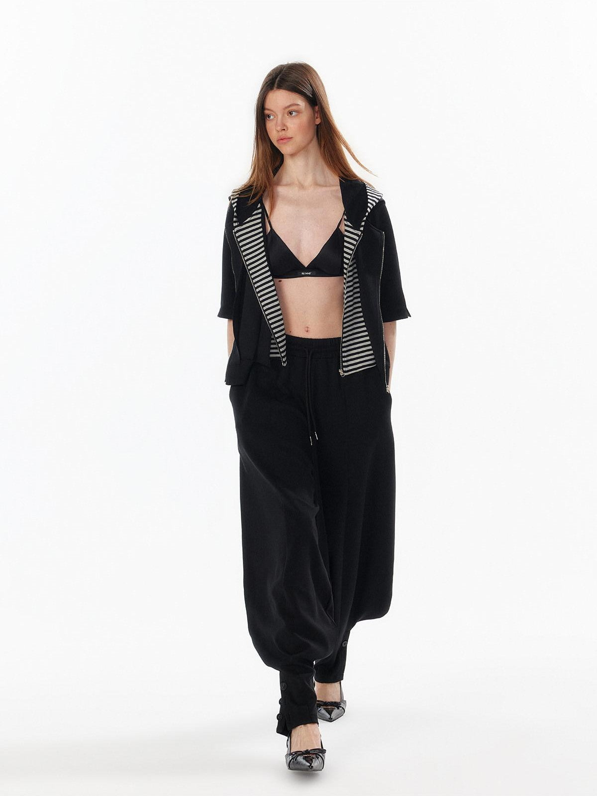 ALINNV Oatmeal Grey Faux Two Piece Zip Hooded Women&