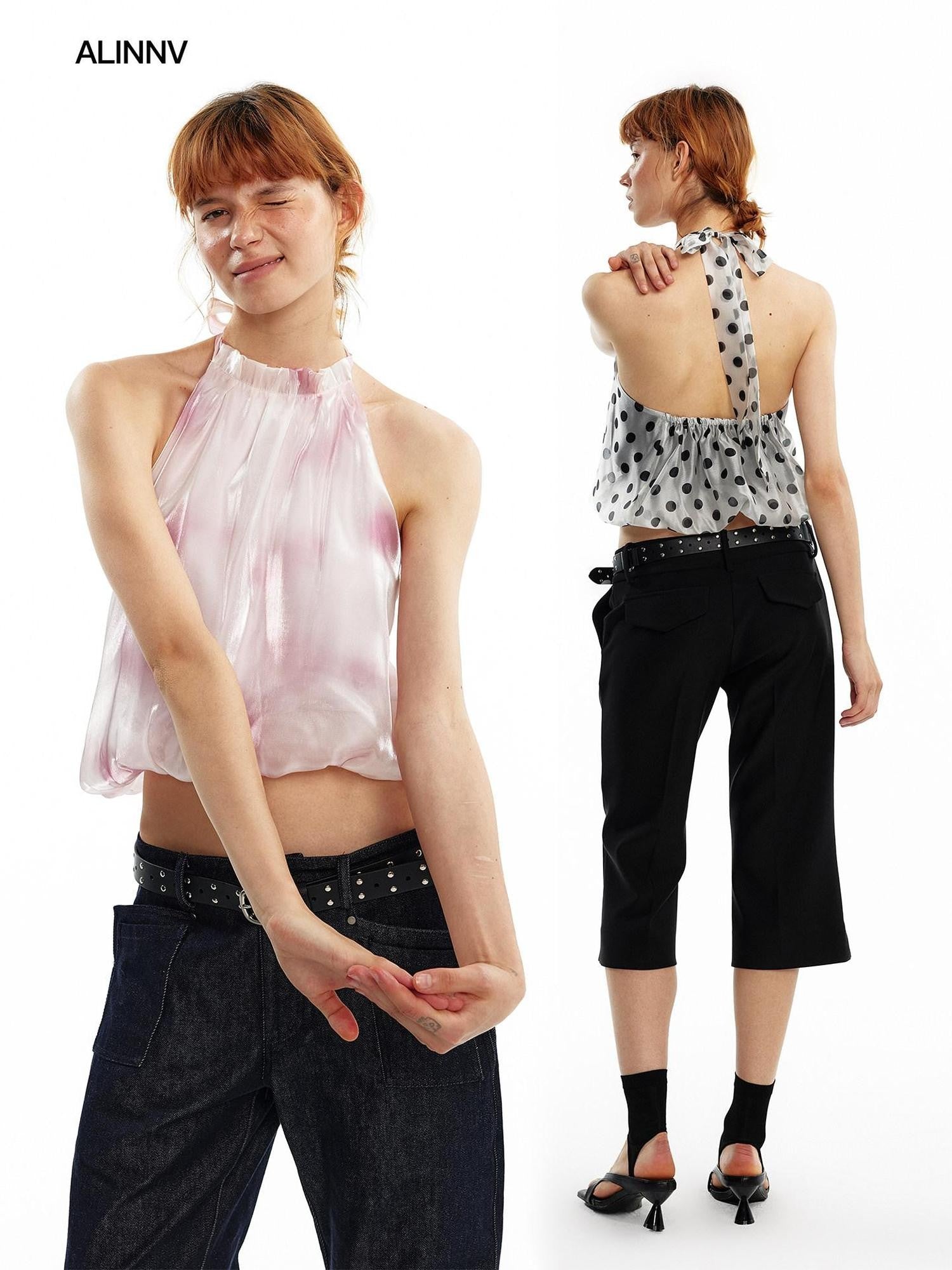 ALINNV Pink Polka Dot Bubble Hem Elastic Cropped Halter Tie Women&
