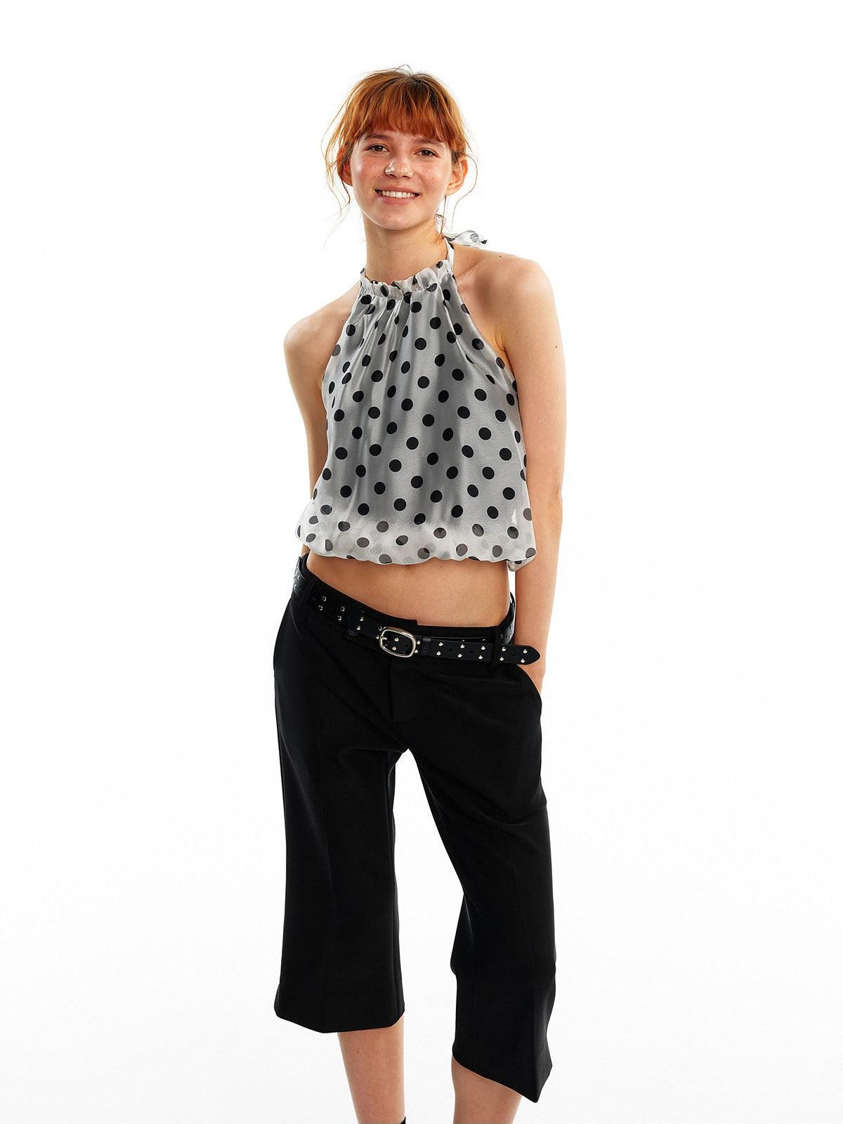 ALINNV Pink Polka Dot Bubble Hem Elastic Cropped Halter Tie Women&