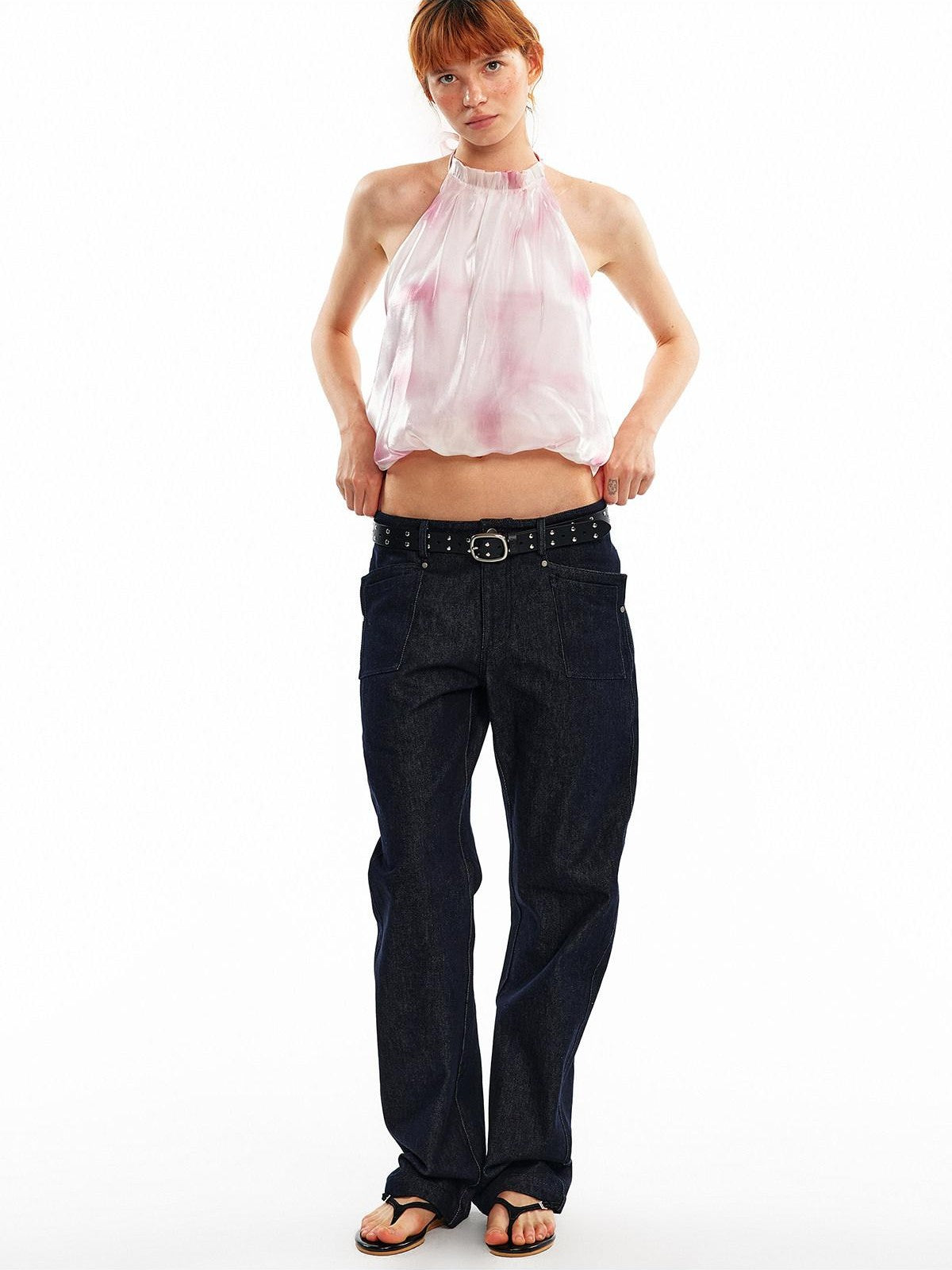 ALINNV Pink Polka Dot Bubble Hem Elastic Cropped Halter Tie Women&