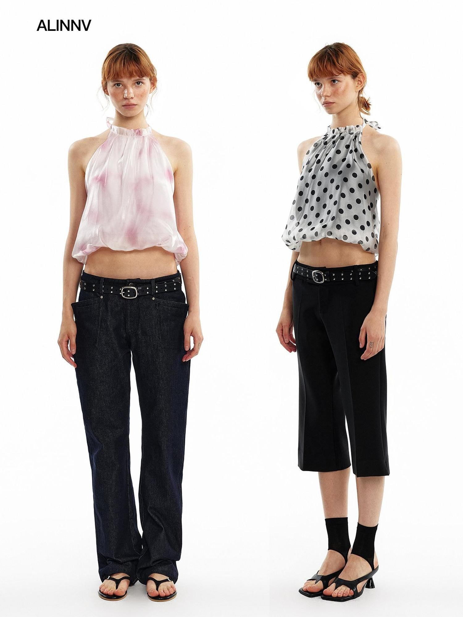 ALINNV Pink Polka Dot Bubble Hem Elastic Cropped Halter Tie Women&
