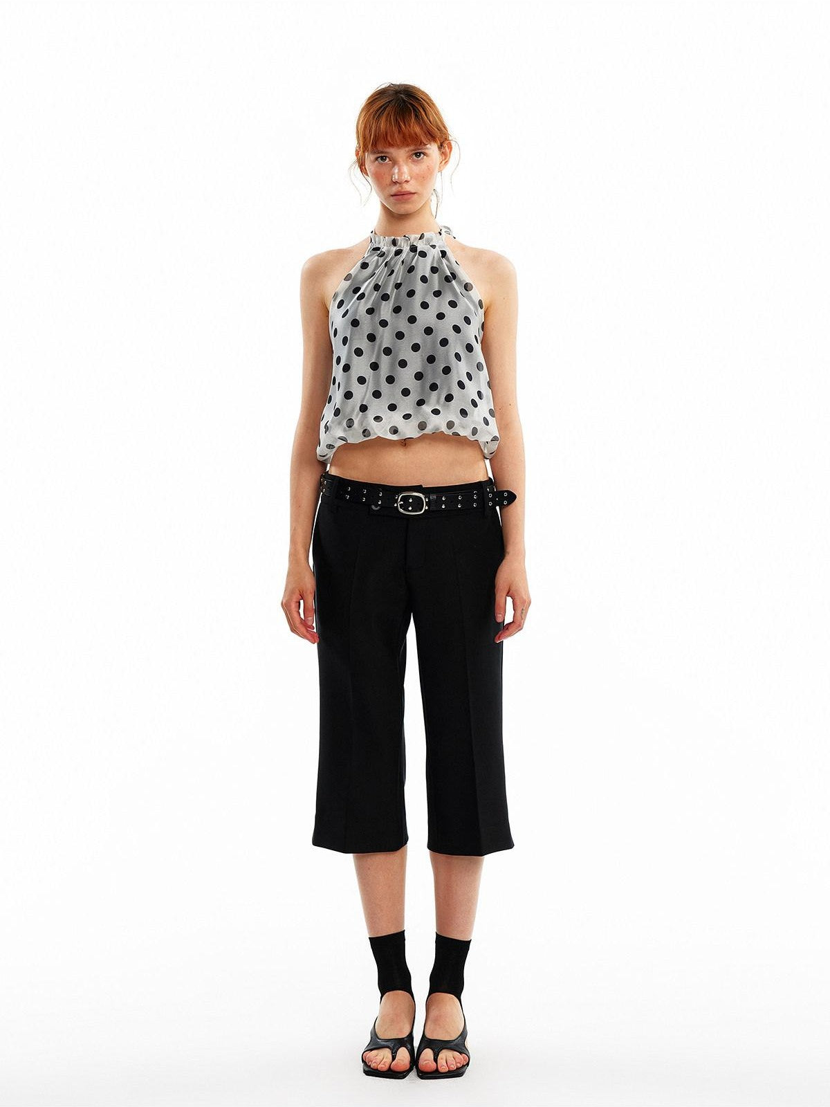ALINNV Pink Polka Dot Bubble Hem Elastic Cropped Halter Tie Women&