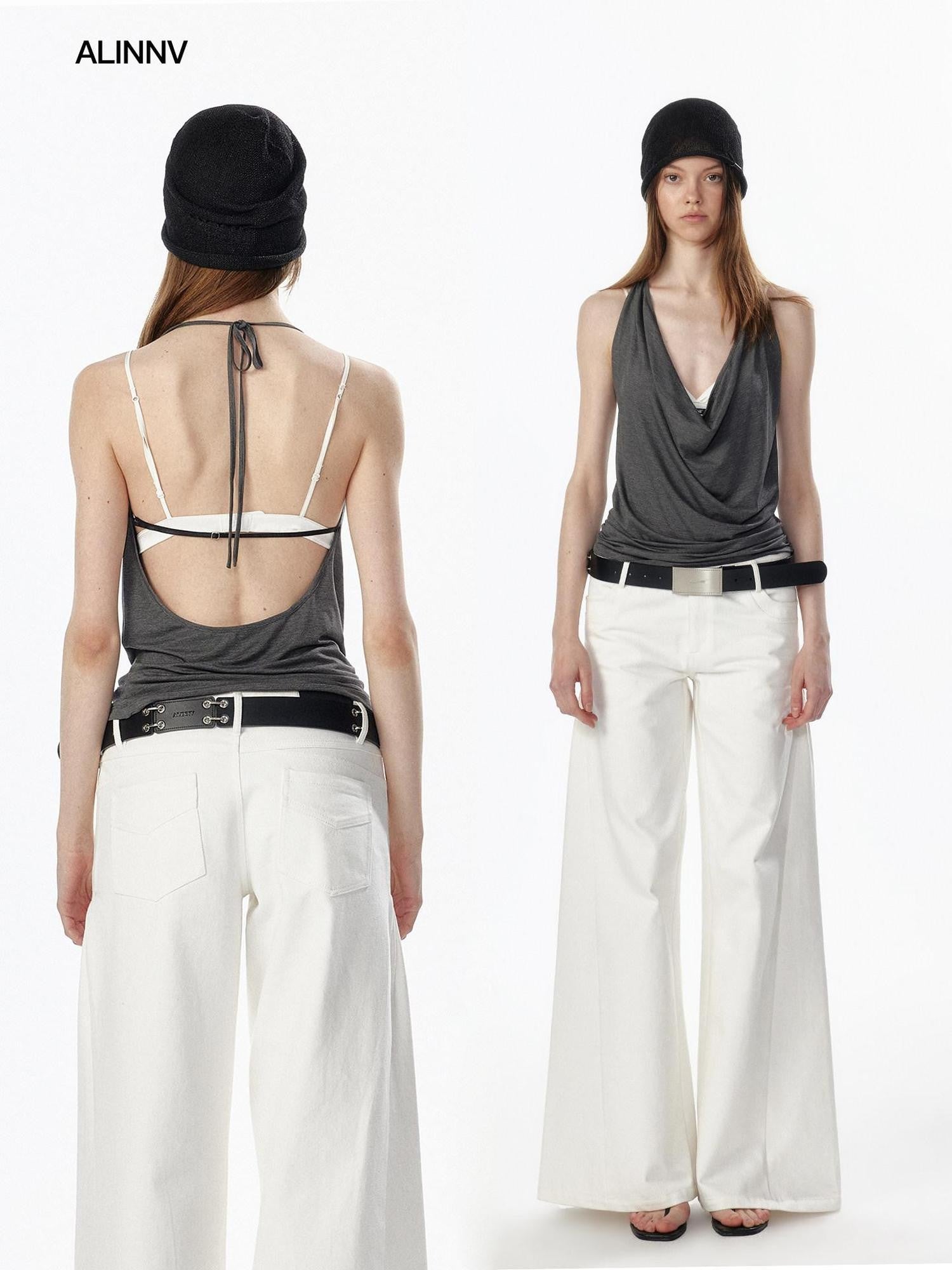 ALINNV Plunging Deep V Halter Tie Backless Strappy Slim Women&