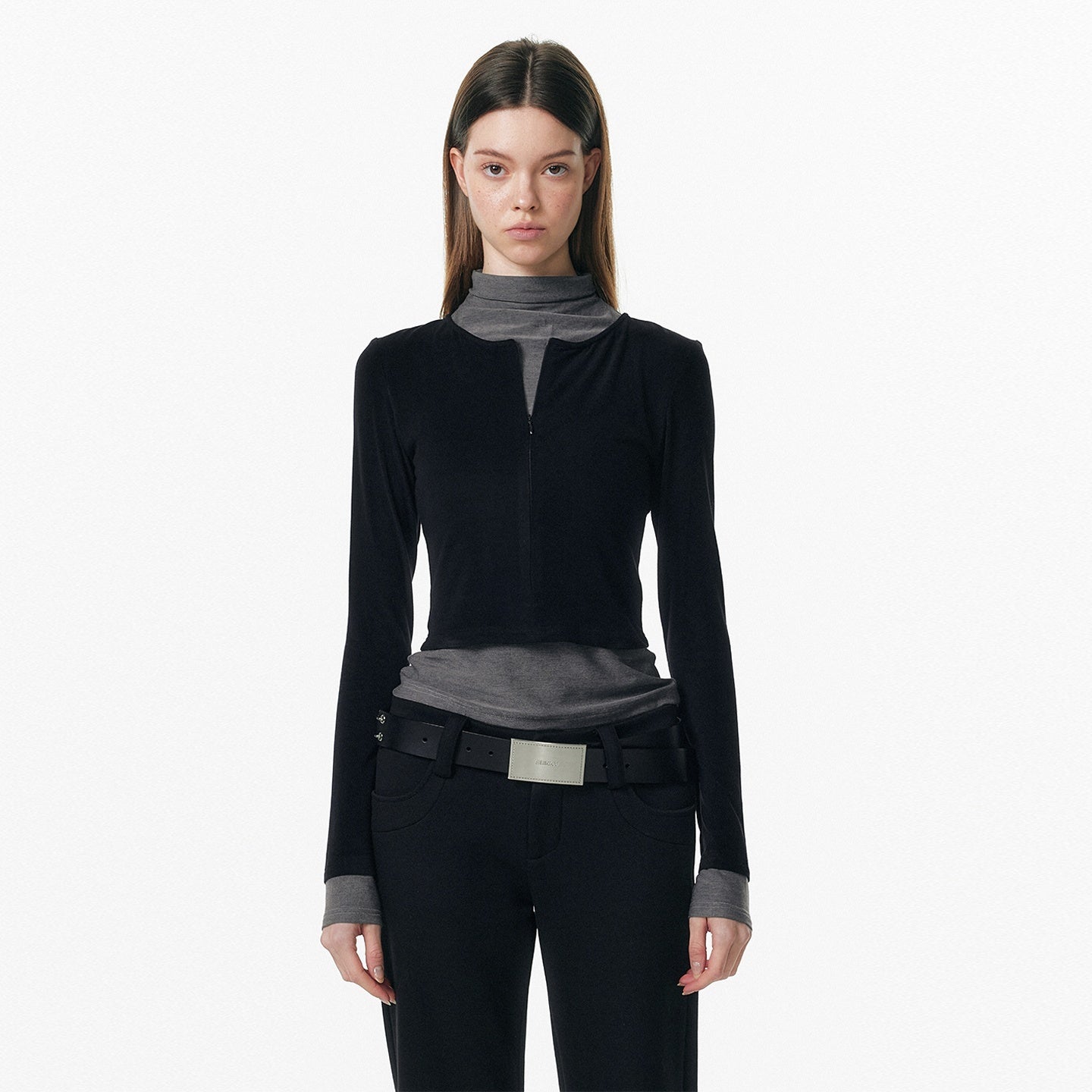 ALINNV_Plush_Colorblock_Faux_Layer_Zip_Half_Collar_Women&