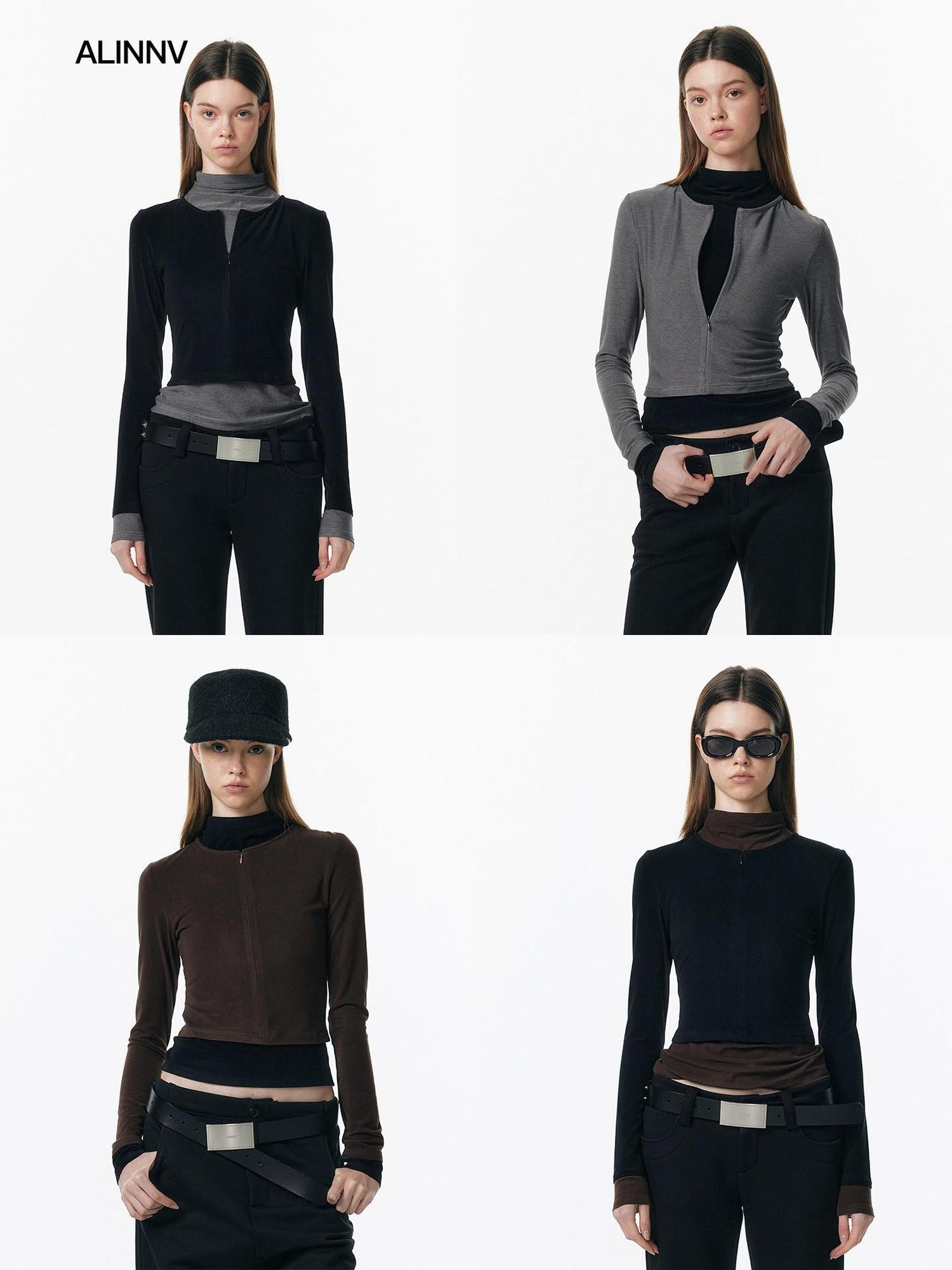 ALINNV Plush Colorblock Faux Layer Zip Half Collar Women&