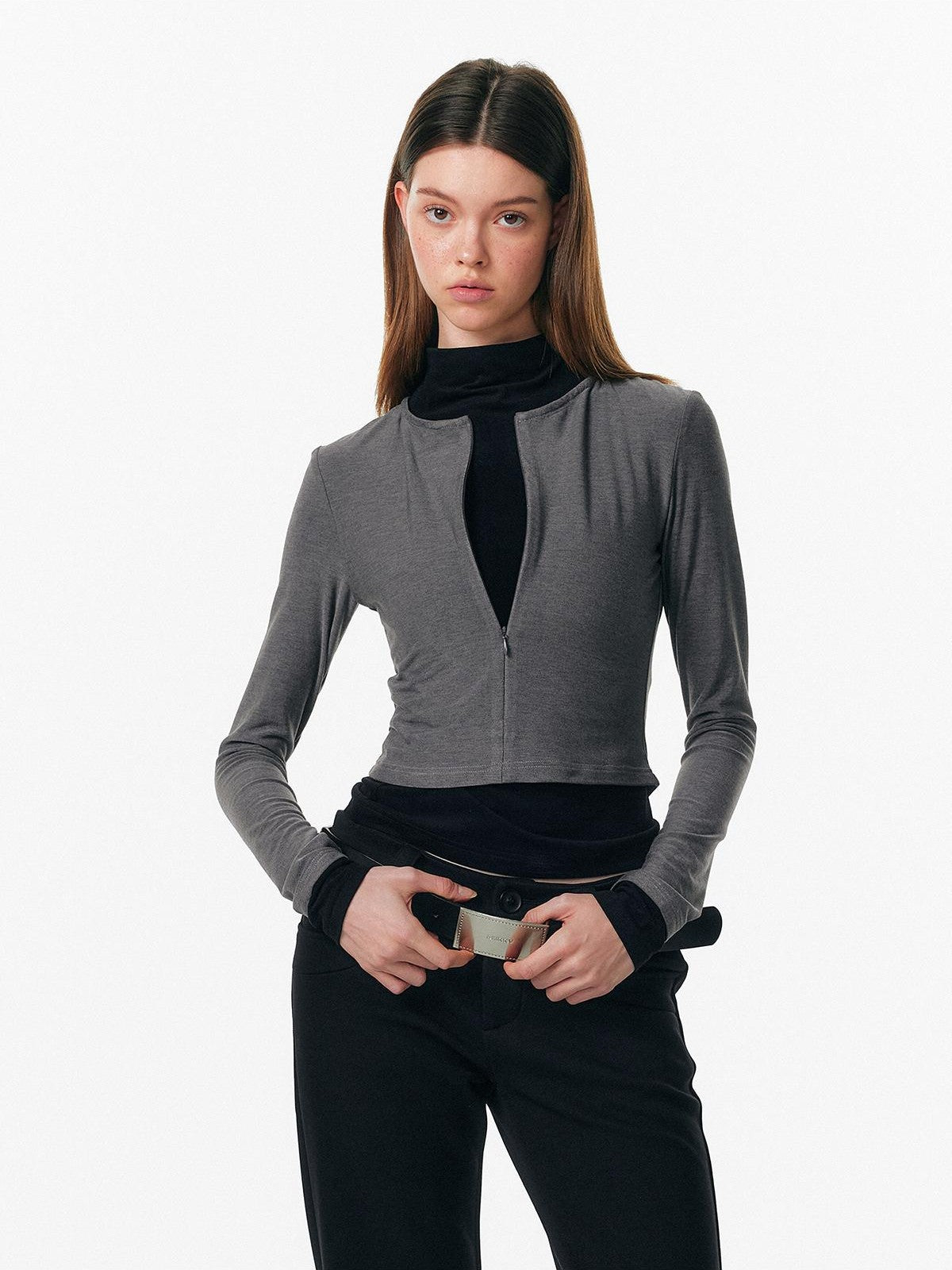 ALINNV Plush Colorblock Faux Layer Zip Half Collar Women&