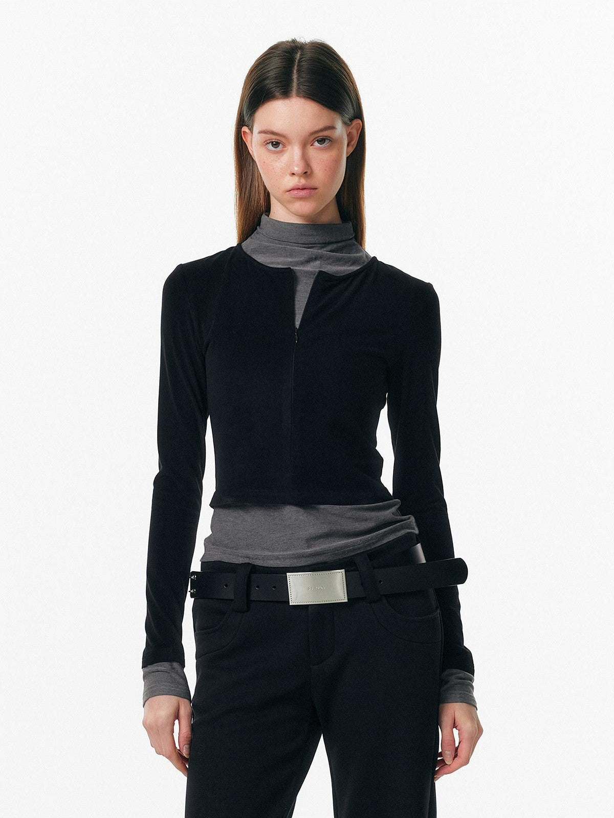 ALINNV Plush Colorblock Faux Layer Zip Half Collar Women&
