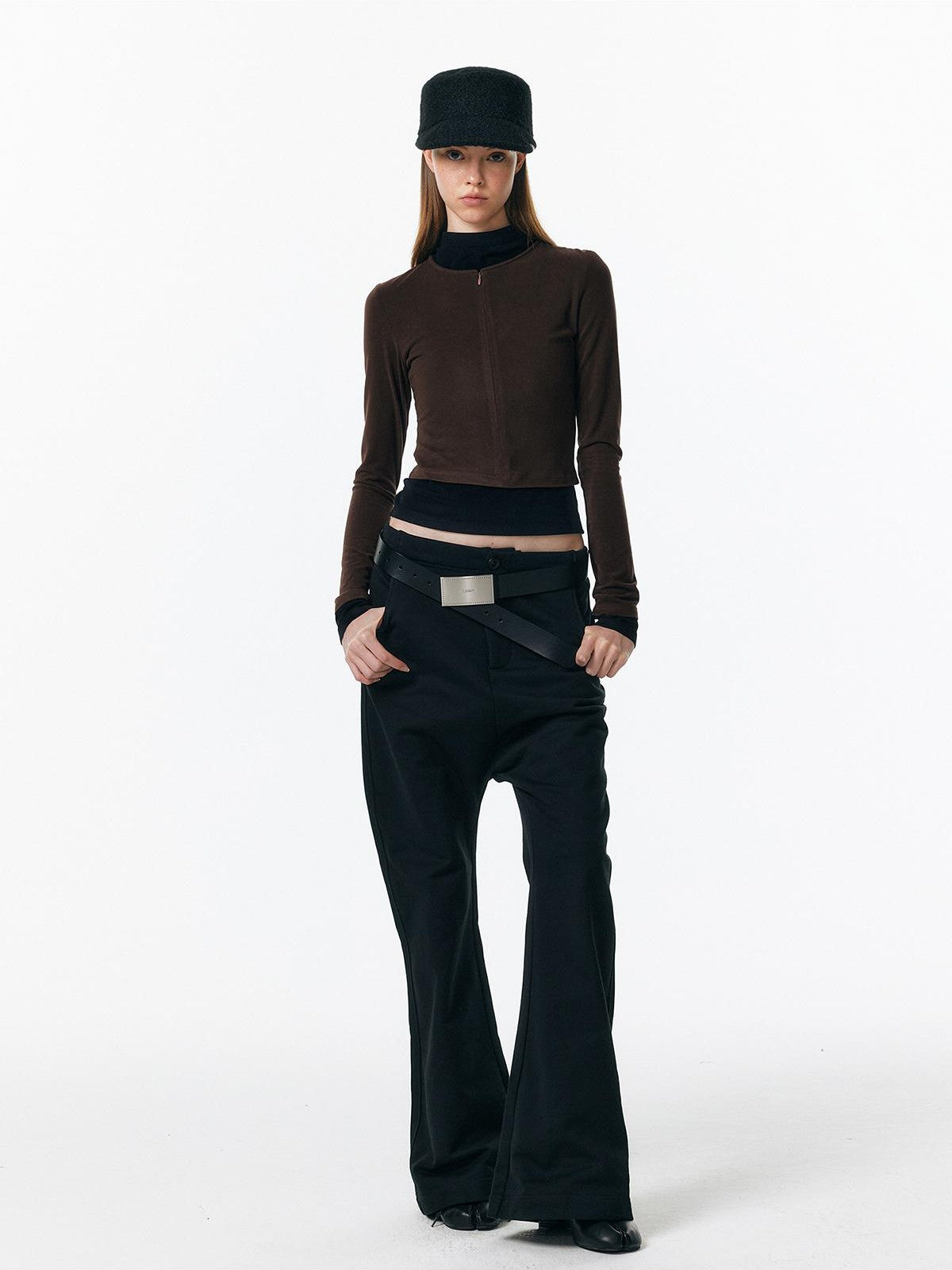 ALINNV Plush Colorblock Faux Layer Zip Half Collar Women&