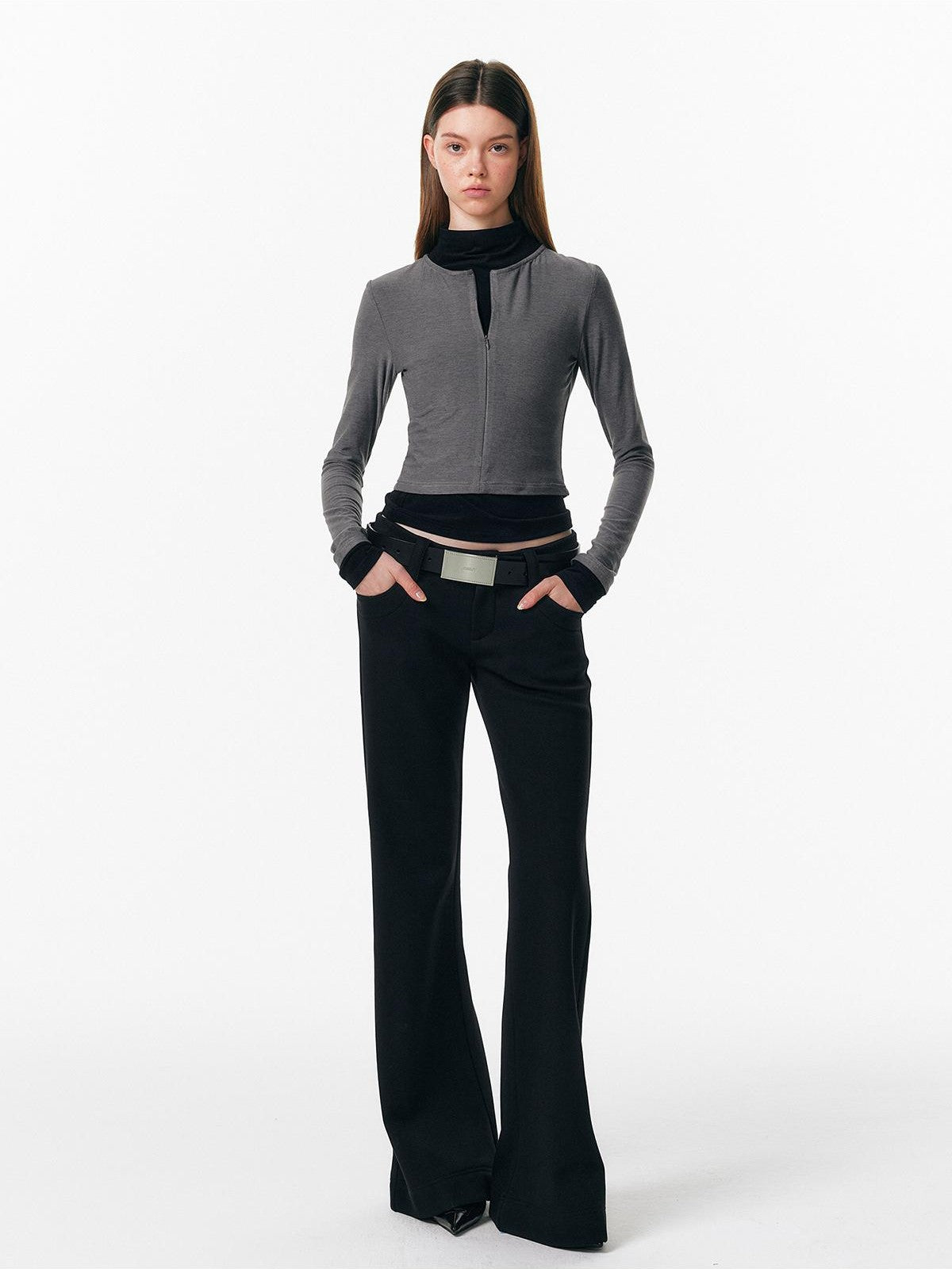 ALINNV Plush Colorblock Faux Layer Zip Half Collar Women&