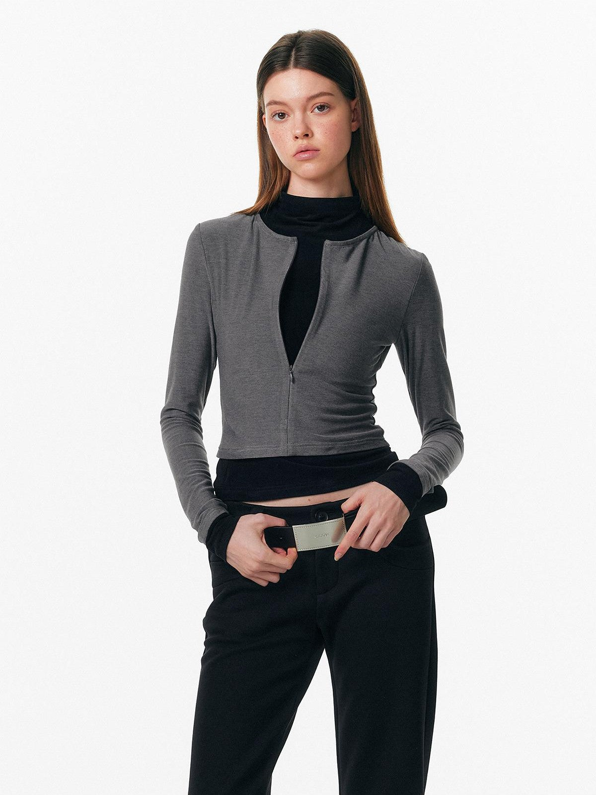 ALINNV Plush Colorblock Faux Layer Zip Half Collar Women&