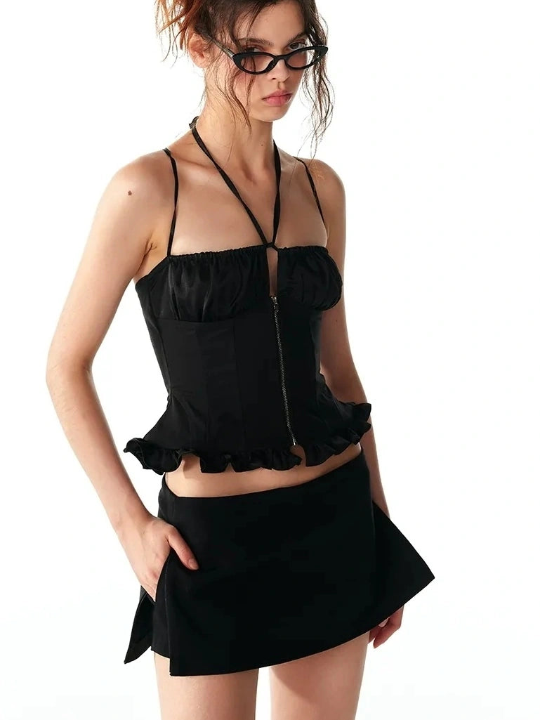 ALINNV STUDIO Adjustable Cross Back Cami Top With Ruffle Hem Tank Top/Camisole