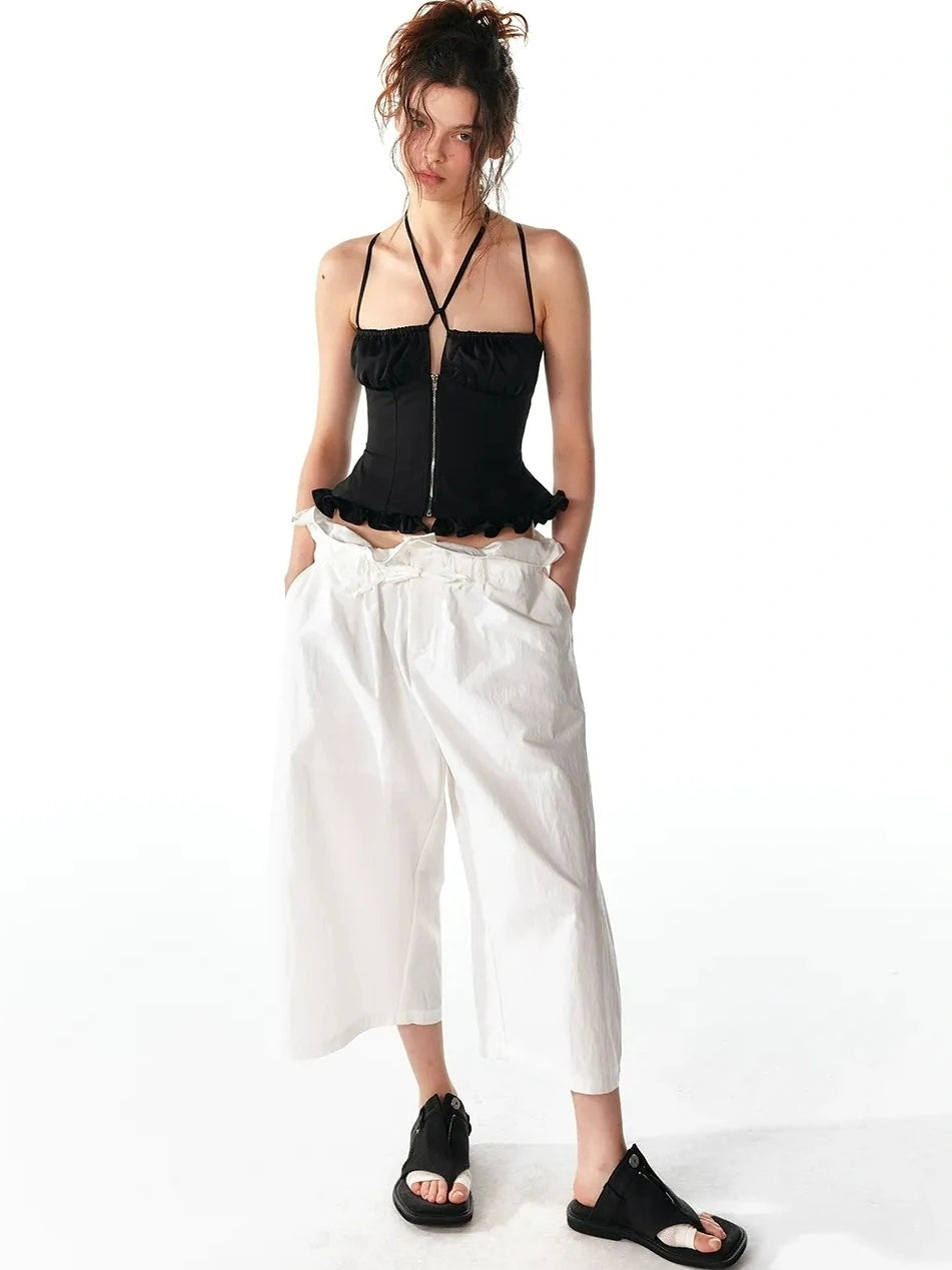 ALINNV STUDIO Adjustable Cross Back Cami Top With Ruffle Hem Tank Top/Camisole