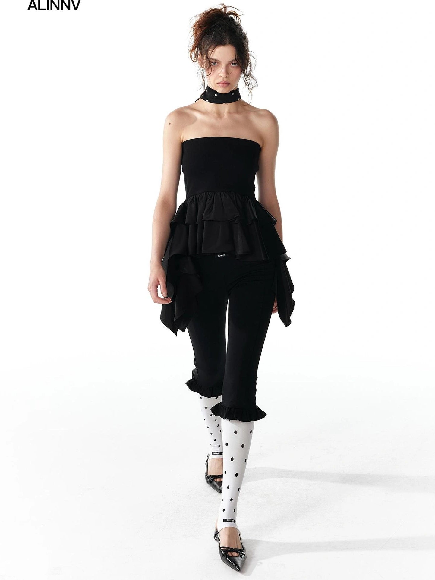 ALINNV STUDIO Asymmetric Ruffle Hem Crop Top Tank Top/Camisole