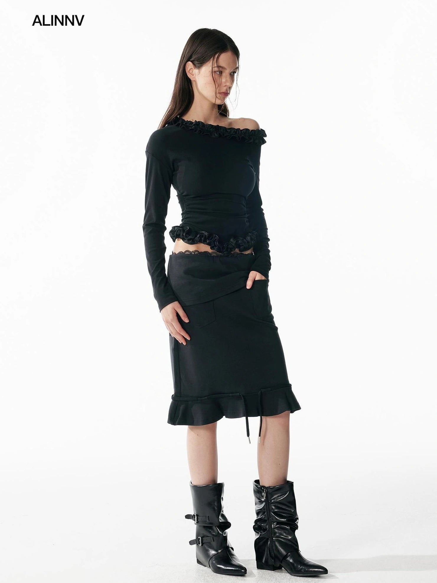 ALINNV STUDIO Asymmetrical Shoulder Layered Ruffle Slim Fit Tee T-shirt