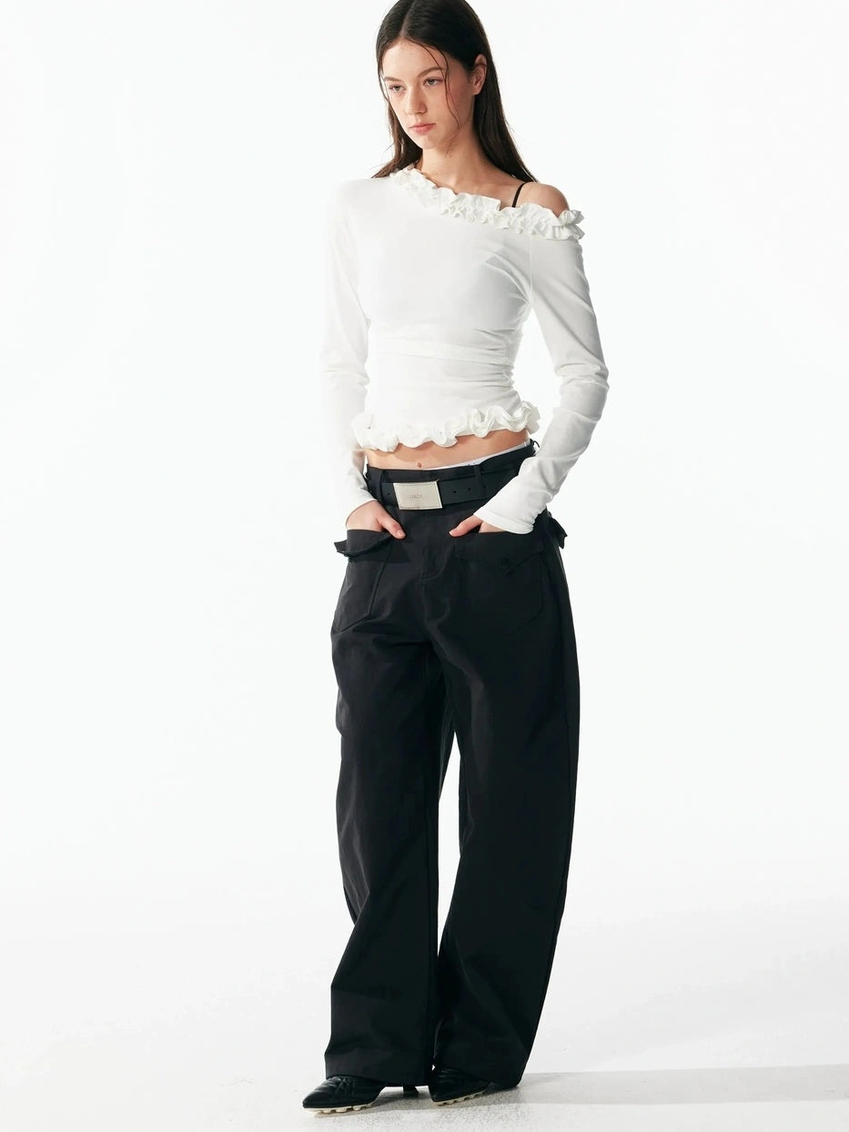 ALINNV STUDIO Asymmetrical Shoulder Layered Ruffle Slim Fit Tee T-shirt