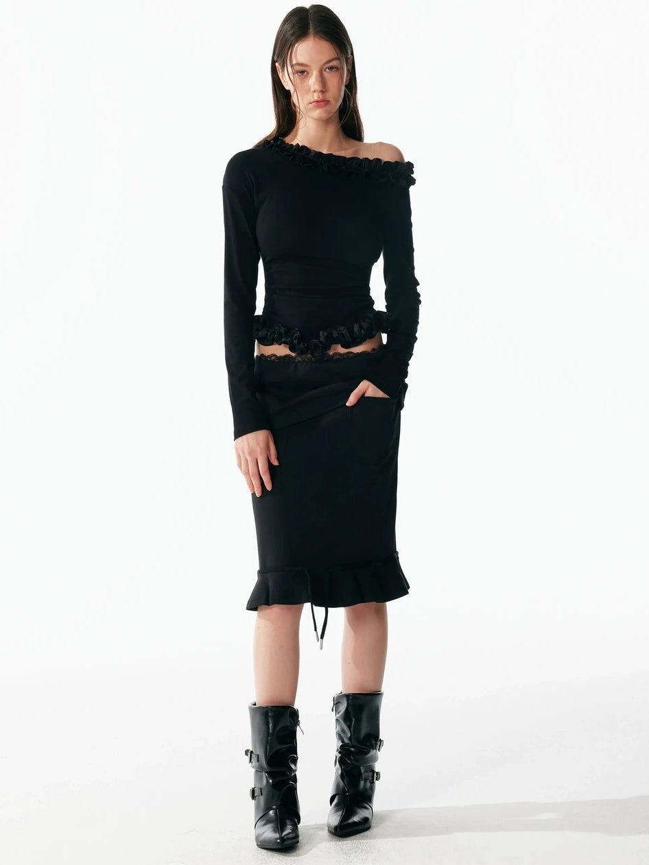 ALINNV STUDIO Asymmetrical Shoulder Layered Ruffle Slim Fit Tee T-shirt