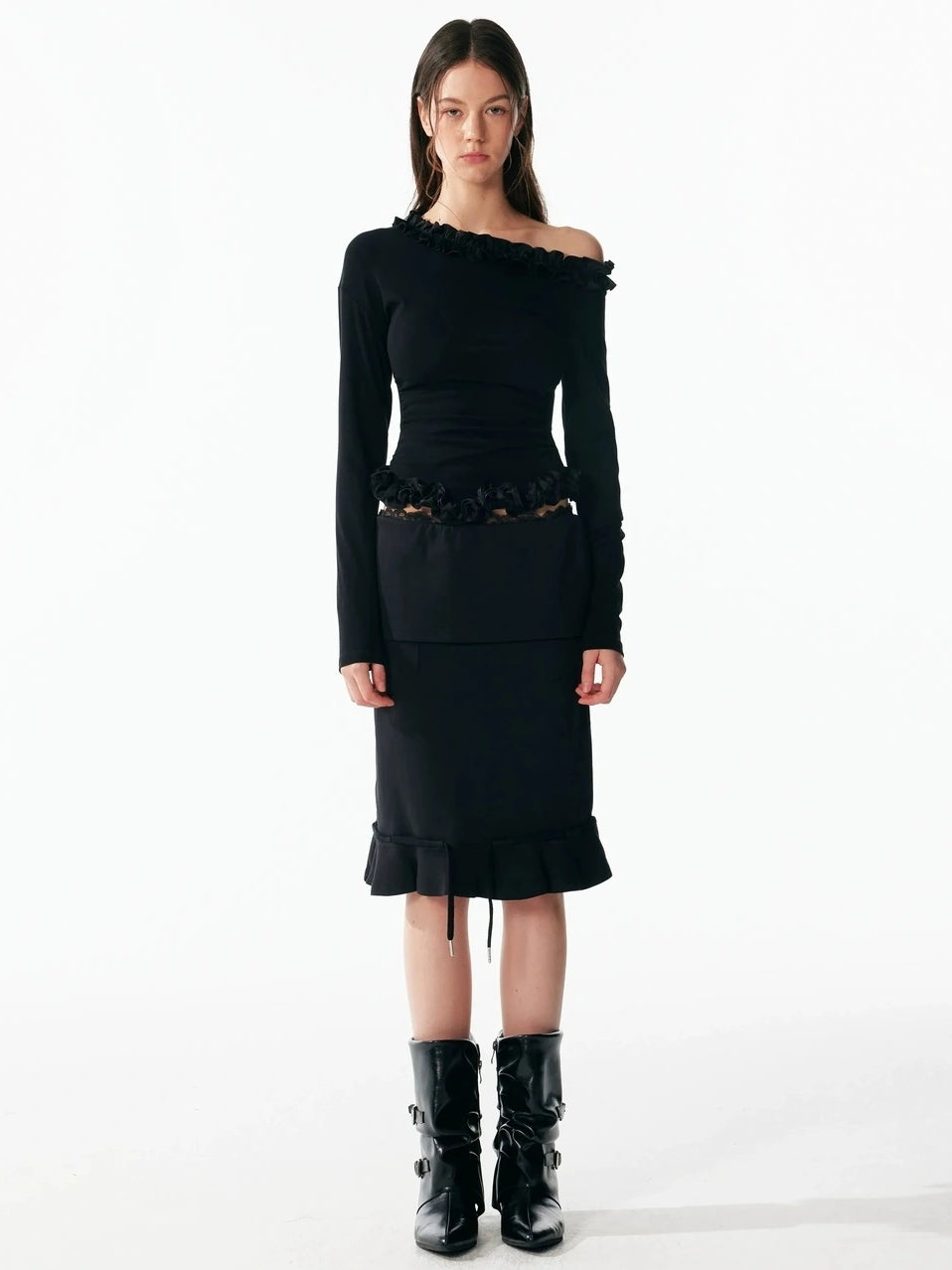 ALINNV STUDIO Asymmetrical Shoulder Layered Ruffle Slim Fit Tee T-shirt