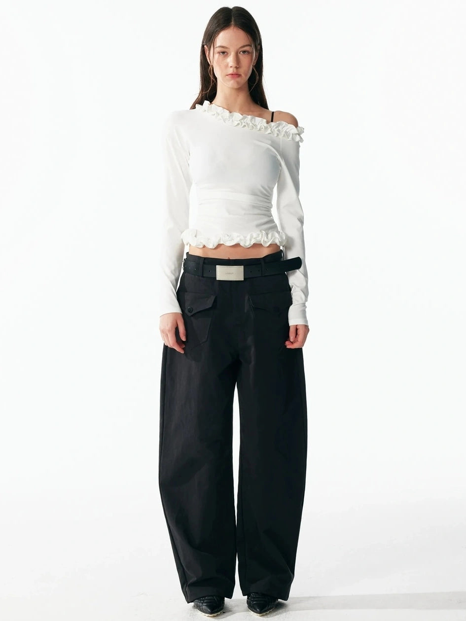 ALINNV STUDIO Asymmetrical Shoulder Layered Ruffle Slim Fit Tee T-shirt