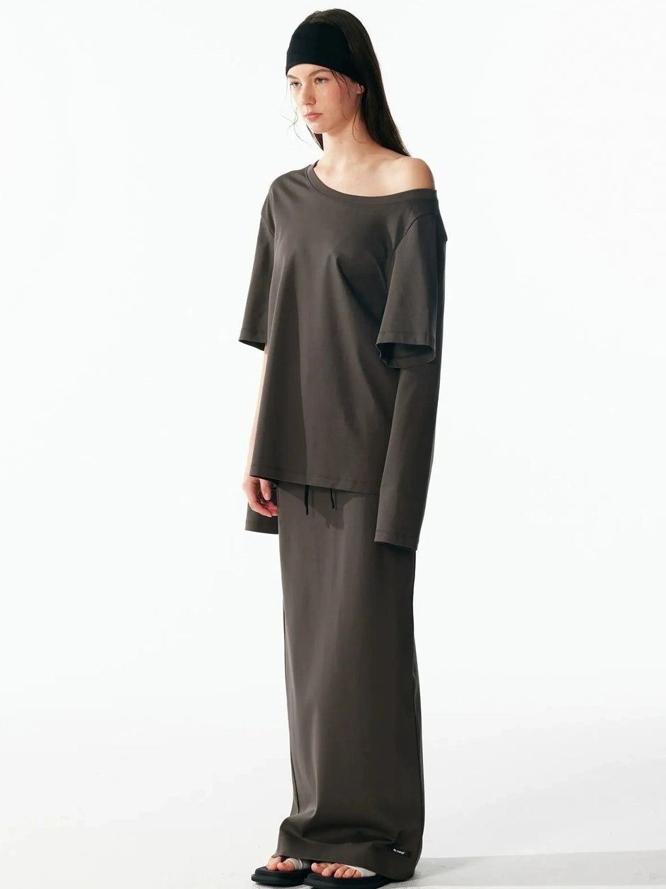 ALINNV STUDIO Asymmetrical Sleeve Off Shoulder T-shirt And Skirt Set T-shirt