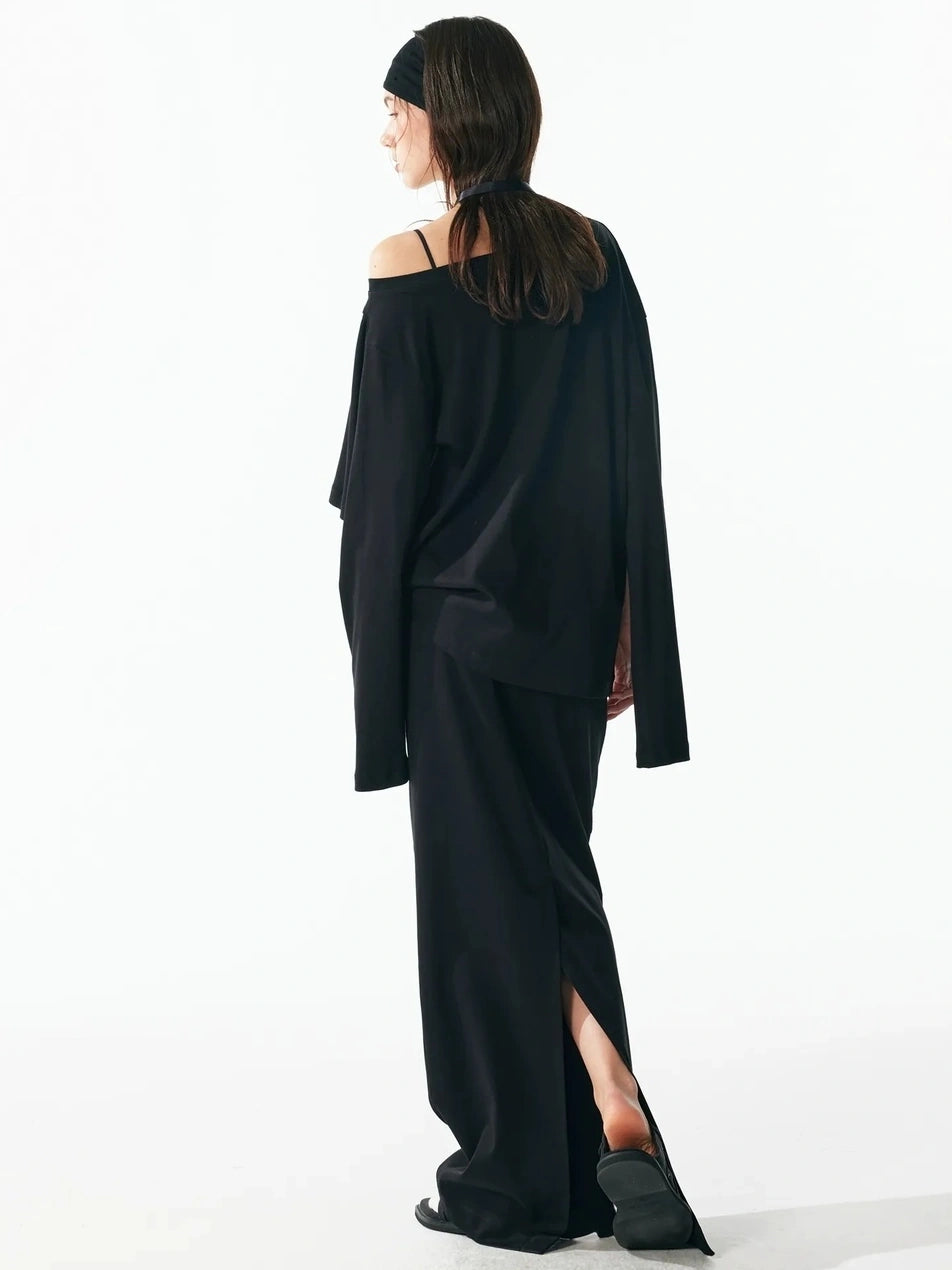 ALINNV STUDIO Asymmetrical Sleeve Off Shoulder T-shirt And Skirt Set T-shirt