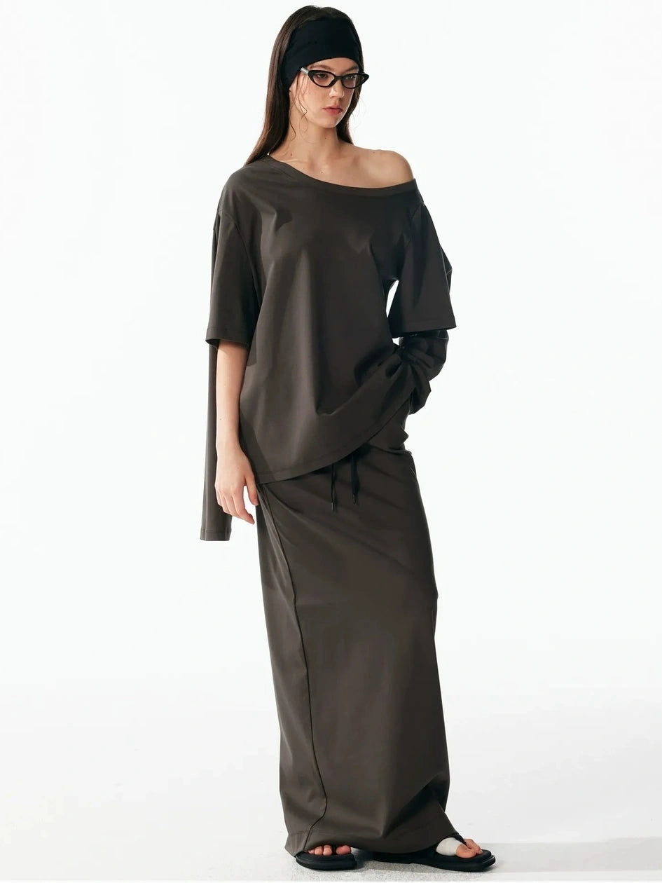 ALINNV STUDIO Asymmetrical Sleeve Off Shoulder T-shirt And Skirt Set T-shirt