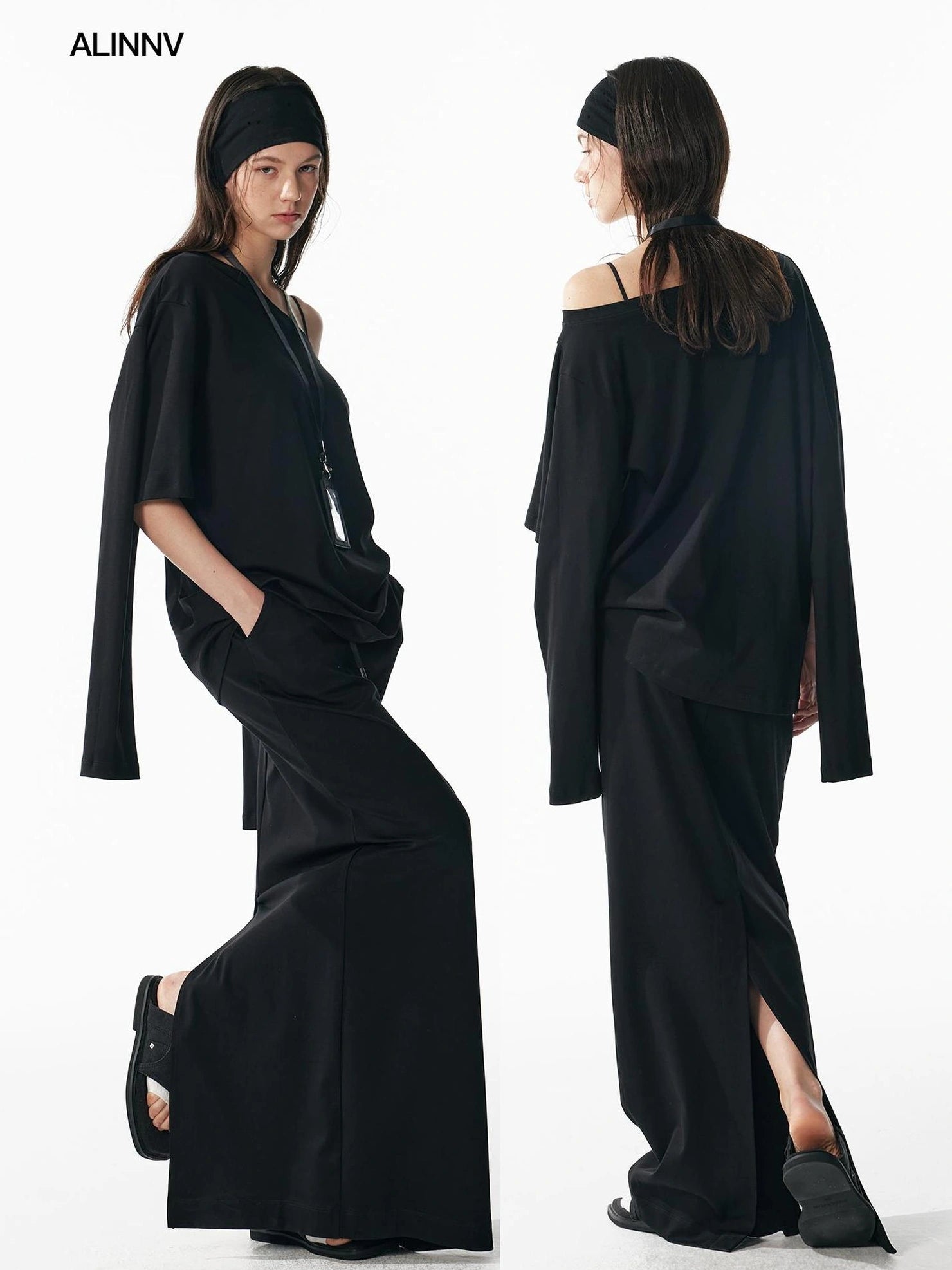 ALINNV STUDIO Asymmetrical Sleeve Off Shoulder T-shirt And Skirt Set T-shirt