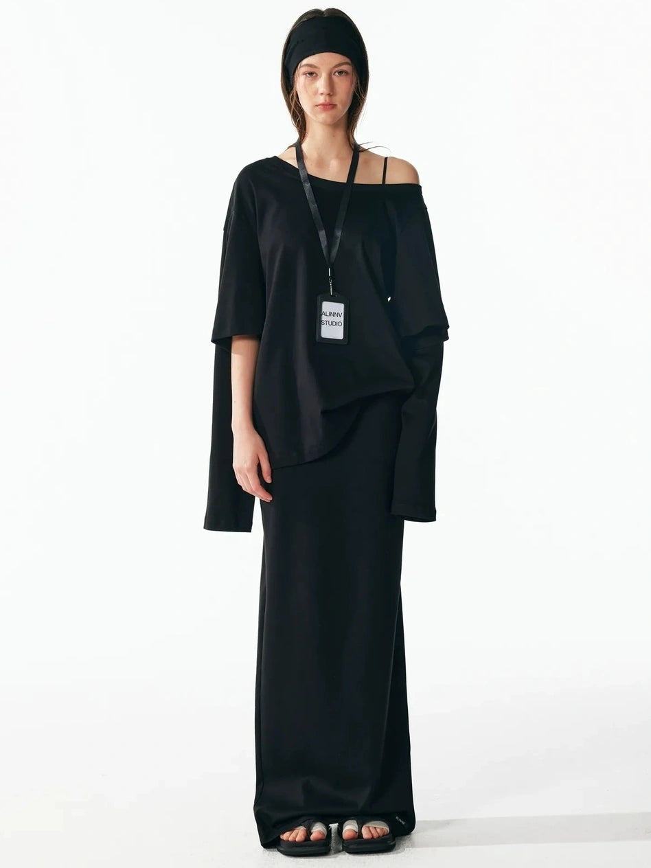 ALINNV STUDIO Asymmetrical Sleeve Off Shoulder T-shirt And Skirt Set T-shirt