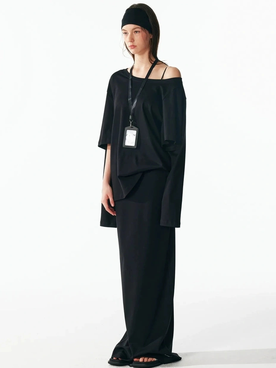 ALINNV STUDIO Asymmetrical Sleeve Off Shoulder T-shirt And Skirt Set T-shirt