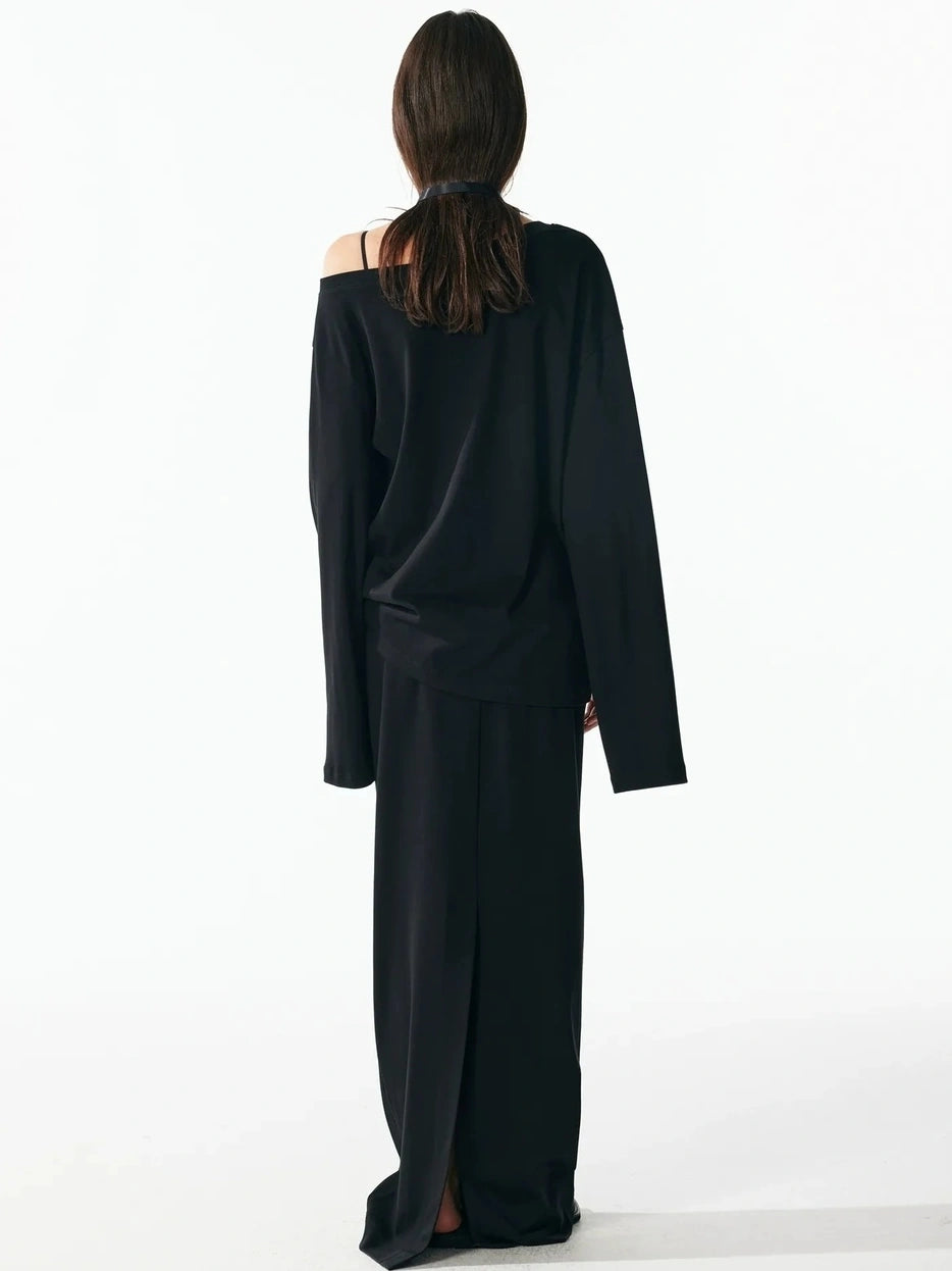 ALINNV STUDIO Asymmetrical Sleeve Off Shoulder T-shirt And Skirt Set T-shirt