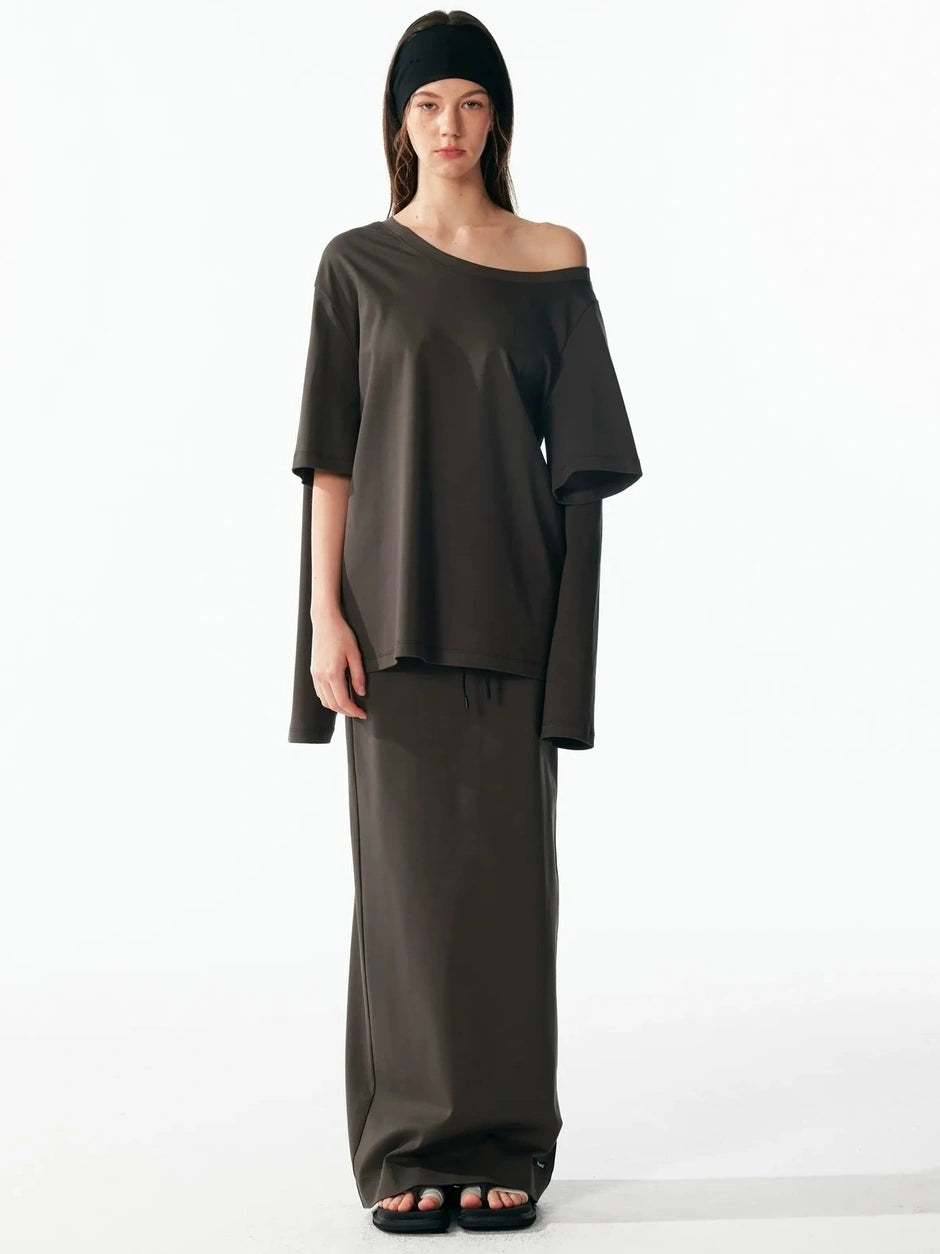 ALINNV STUDIO Asymmetrical Sleeve Off Shoulder T-shirt And Skirt Set T-shirt