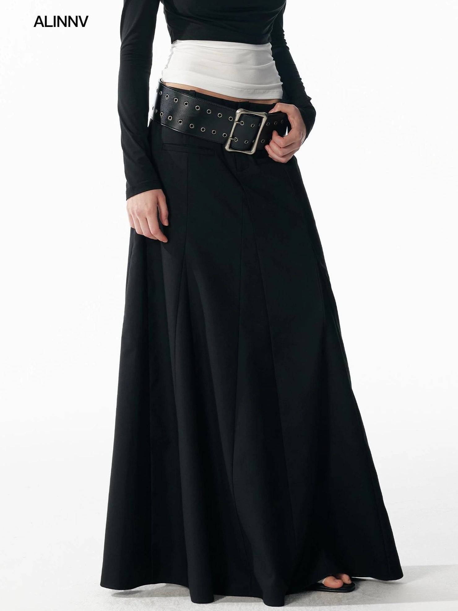 ALINNV STUDIO Classic Black A Line Low Waist Tailored Long Skirt Skirt