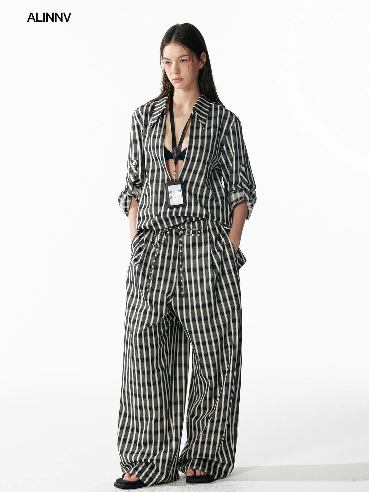 ALINNV STUDIO Classic Check Deep V Long Sleeve Shirt & Wide Leg Pants Set Shirts