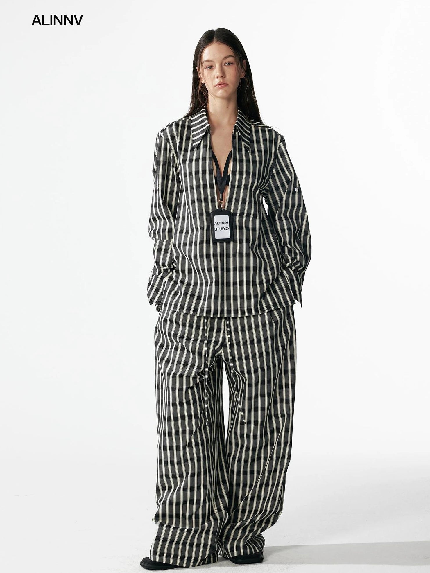 ALINNV STUDIO Classic Check Deep V Long Sleeve Shirt & Wide Leg Pants Set Shirts