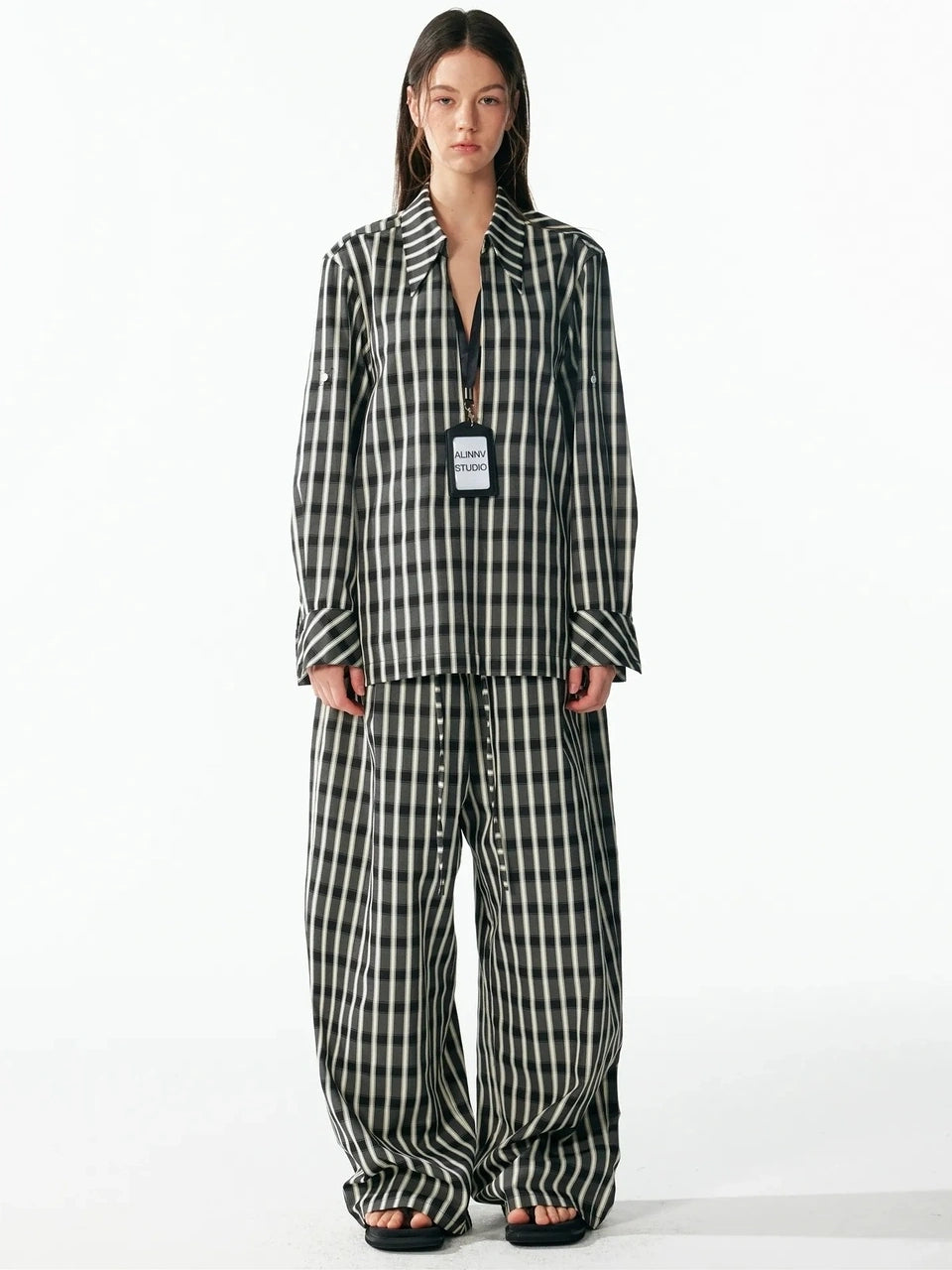 ALINNV STUDIO Classic Check Deep V Long Sleeve Shirt & Wide Leg Pants Set Shirts