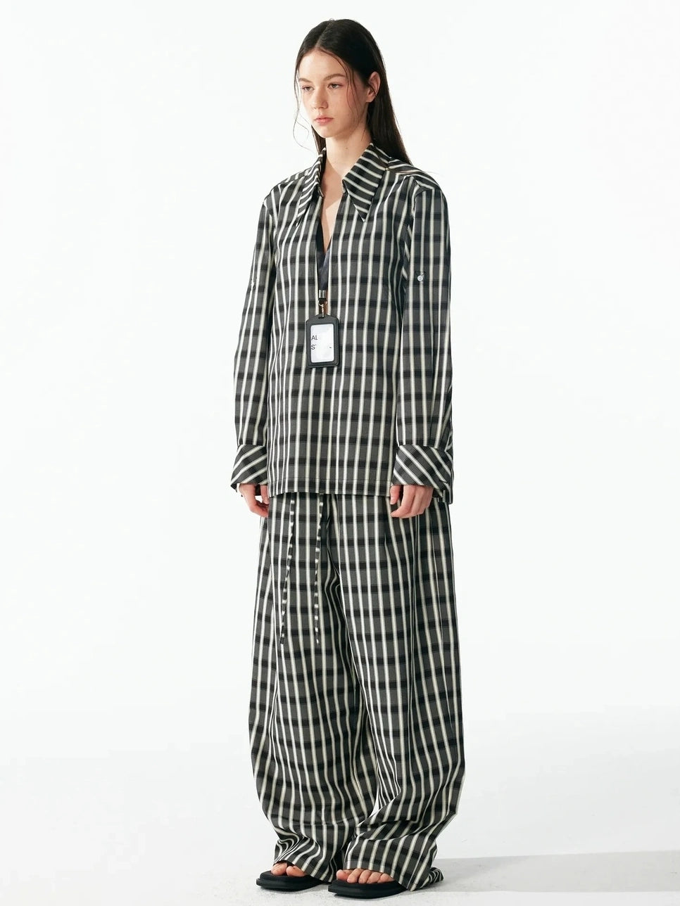 ALINNV STUDIO Classic Check Deep V Long Sleeve Shirt & Wide Leg Pants Set Shirts