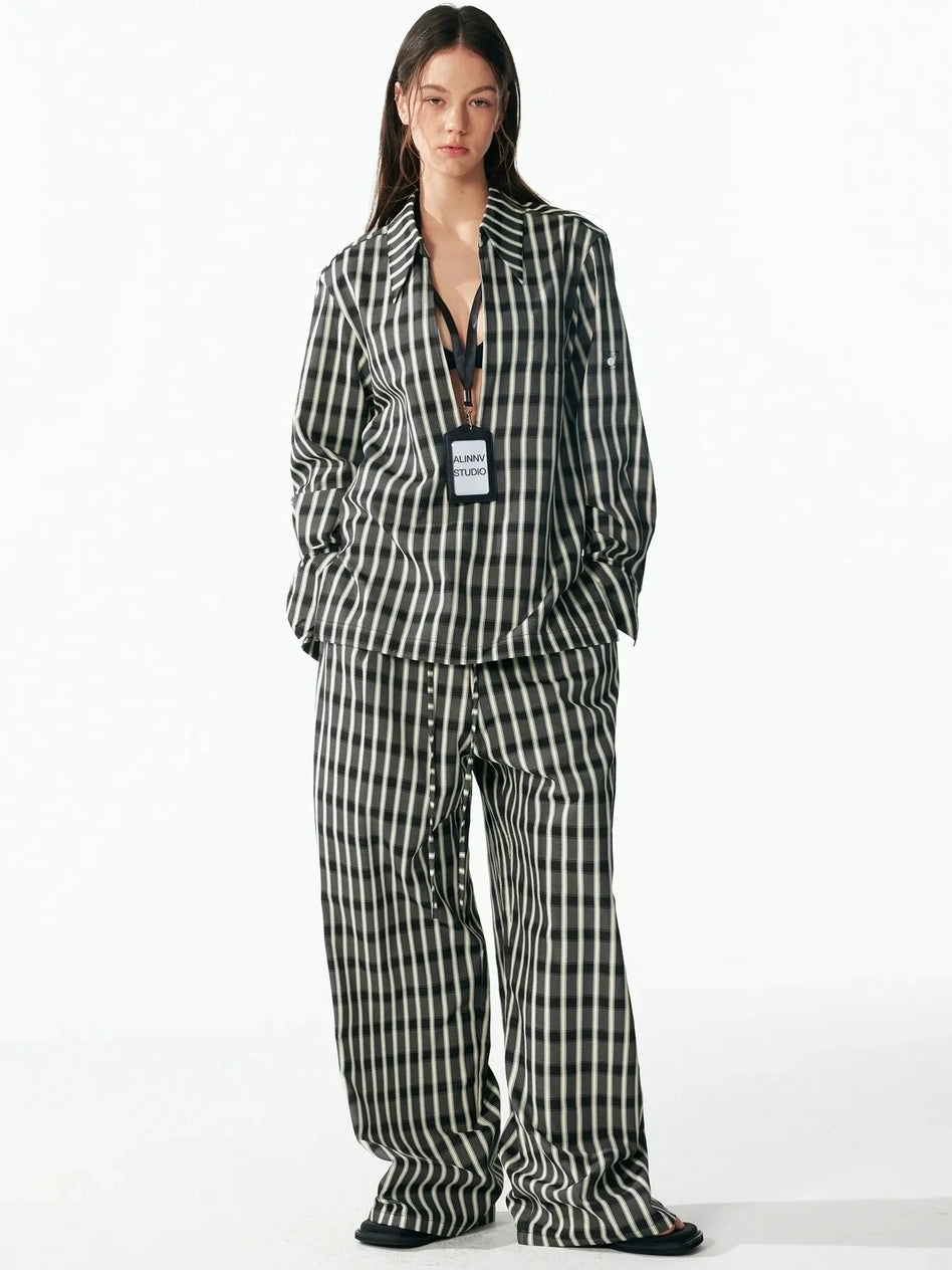 ALINNV STUDIO Classic Check Deep V Long Sleeve Shirt & Wide Leg Pants Set Shirts