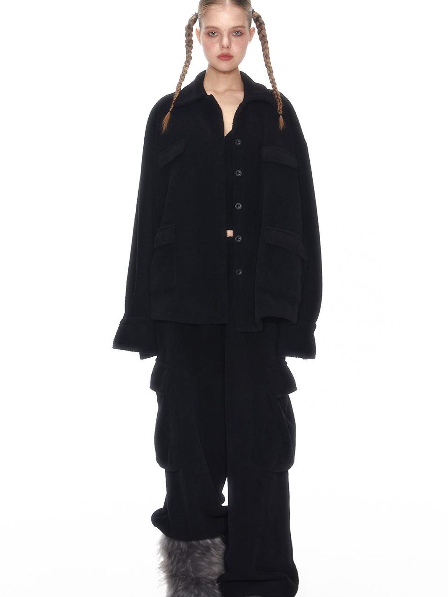 Cozy Fleece Loungewear Set With Wide Leg Pants