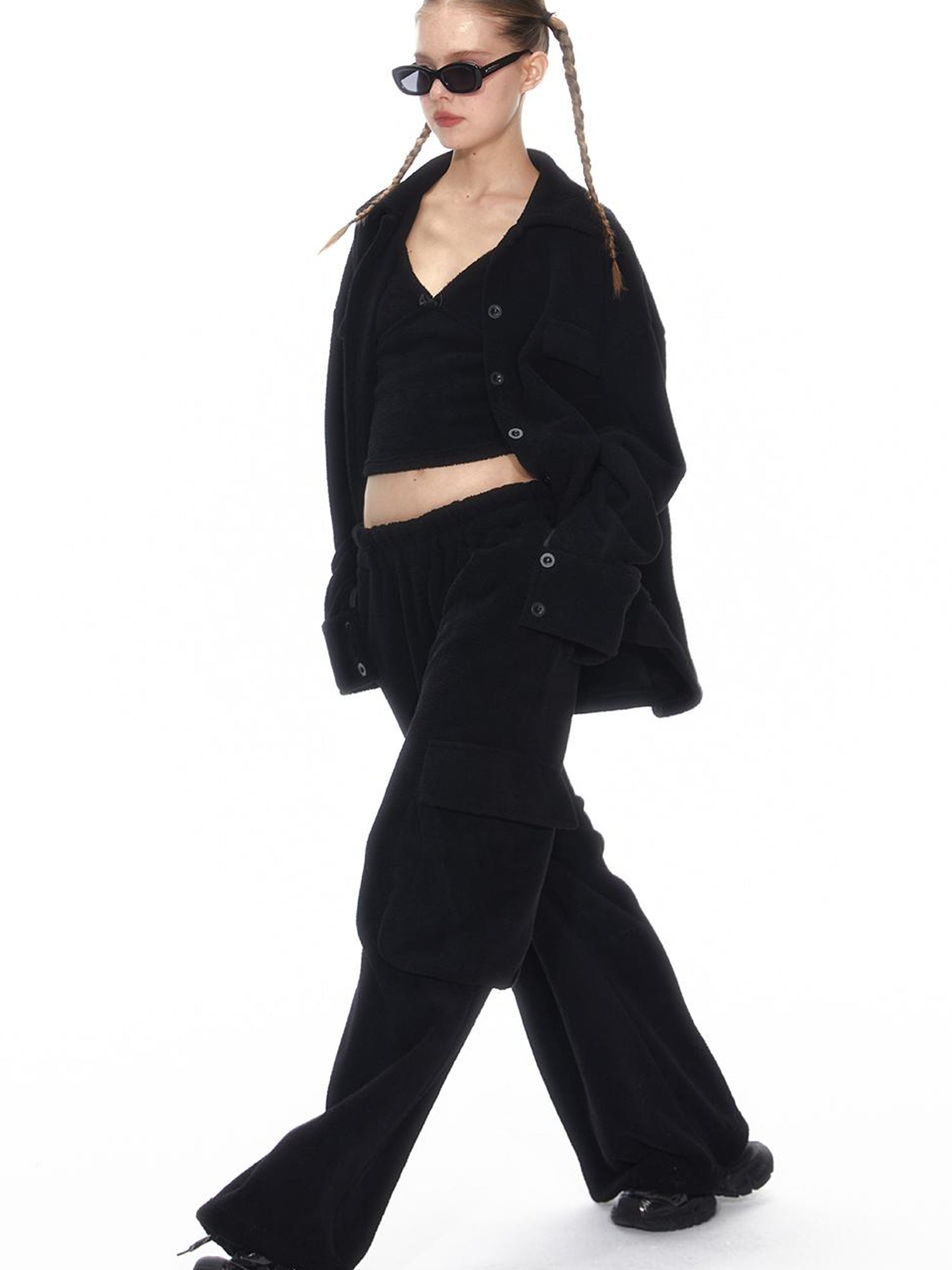 Cozy Fleece Loungewear Set With Wide Leg Pants